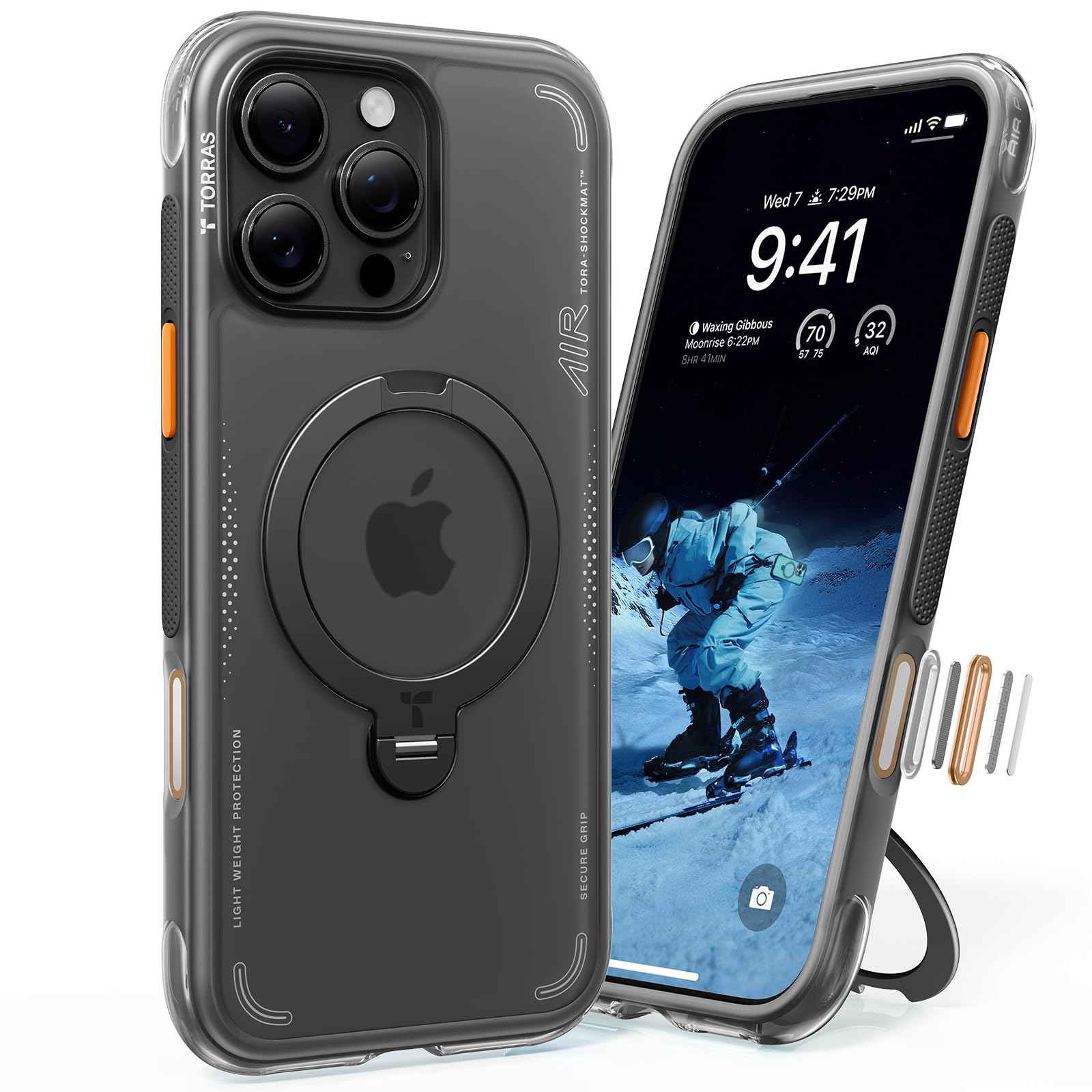 TORRAS iPhone 16 Pro 用 ケース【エアクッション 超強保護】米軍MIL規格 耐衝撃 多機能360度回転 スタンド 縦横両対応 リング ハルバッハマグネット搭載 MagSafe対応 ワイヤレス充電 カメラコントロ