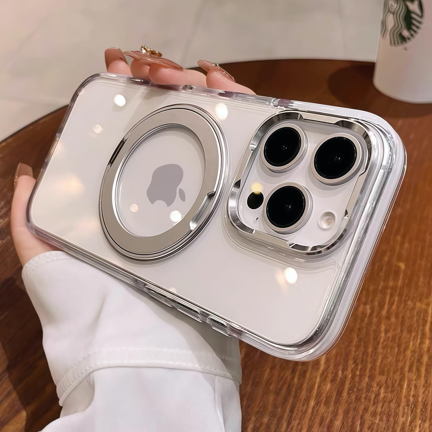 iyite iPhone 16 Pro ケース 耐衝撃 MagSafe対応 黄変防止/透明 高耐久性【定点360度回転】【横縦両立・角度自由調整】ワイヤレス充電対応 いphone16pro 用ケース 6.3インチ(シルバーホワイト)