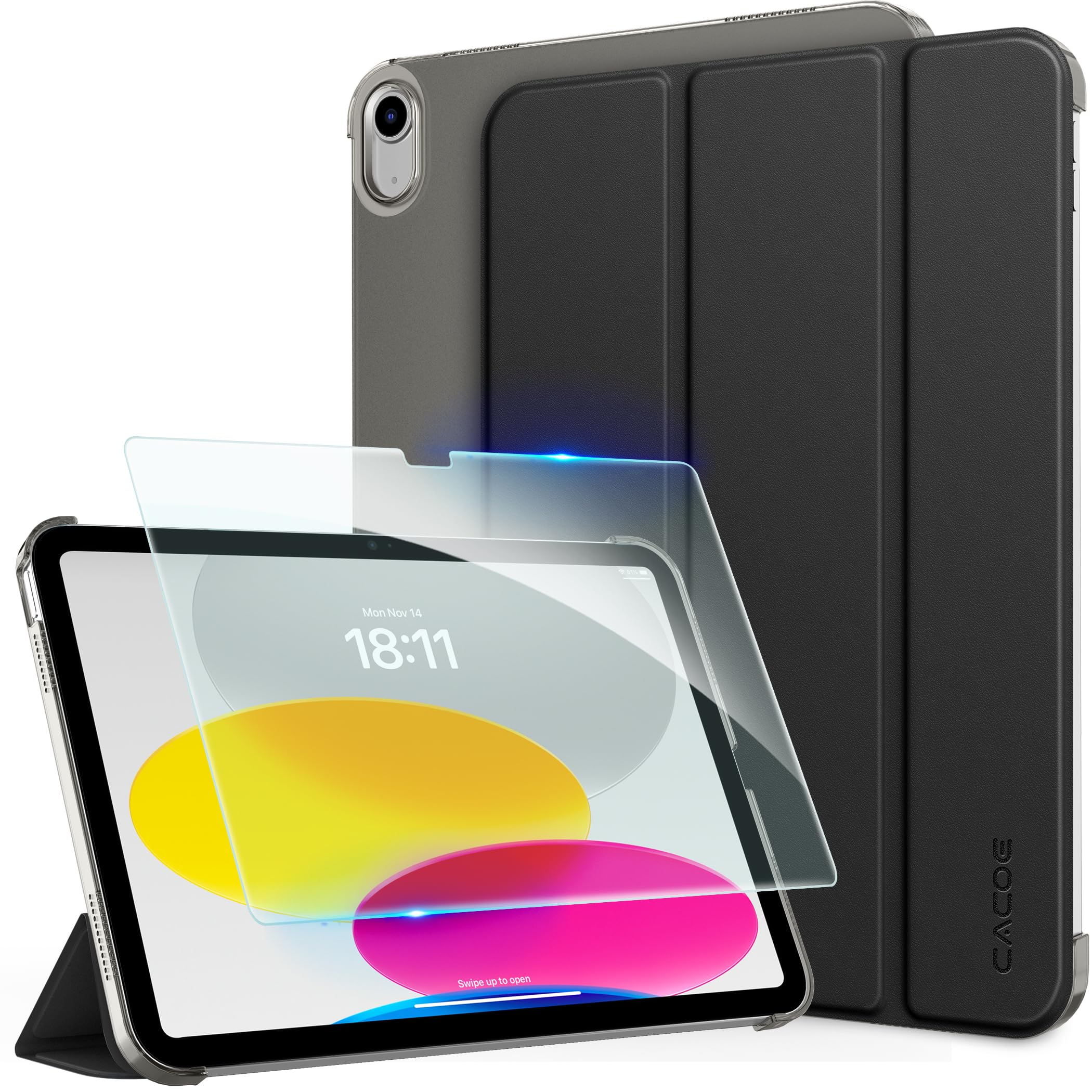 [iPad 11世代 10世代 ケース ガラスフィルム セット]CACOE ipad a16 11インチ 2025/10.9インチ 2022 アイパッド用 ハードケース オートスリープ 三つ折り Apple Pencil対応 あいばっど カバー ブラック