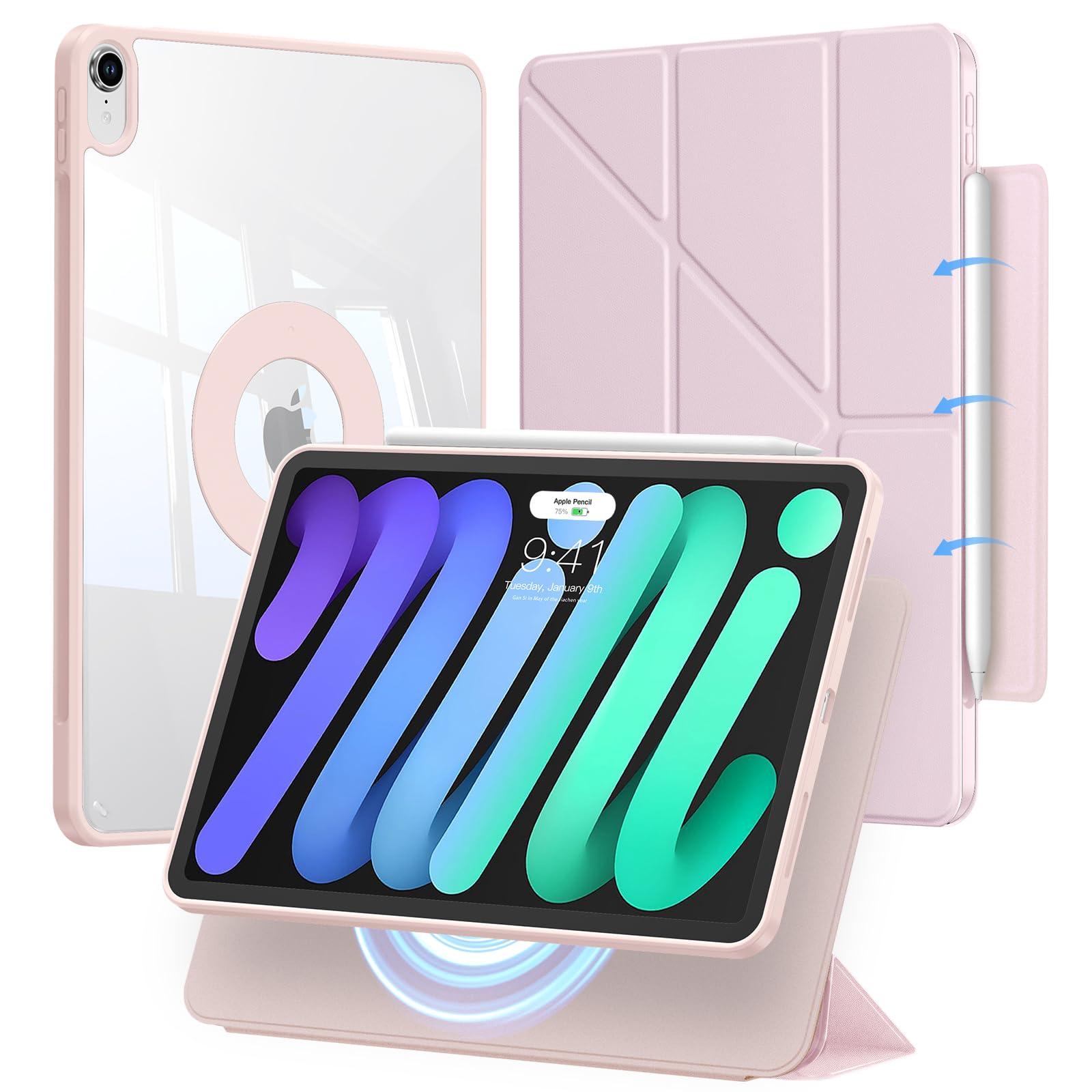 iPad mini7 容れもの (A17 Pro、2024) iPad mini 第7/6時人 容れもの 折りたたみ照明ランプ 取りはらい能力のある磁石取りまかなう 縦置き/横置き照明ランプ Pencil Pro/USB-C 相応う 耐衝撃 耐落下防御すること