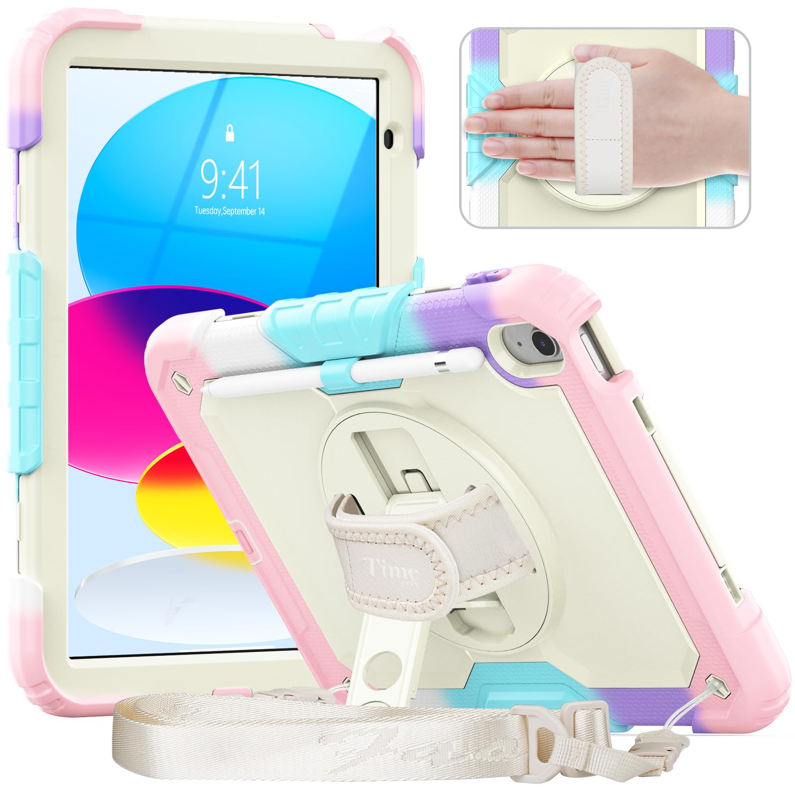 Timecity iPad (A16) 第11/10世代 ケース 耐衝撃 360回転スタンド 保護フィルム付き ペン収納 ハンドストラップ&ショルダーストラップ付き 傷防止 頑丈 子ども 多機能 仕事 工事 現場 2025/2022型 iPad 11｜WES STORE 8,073円