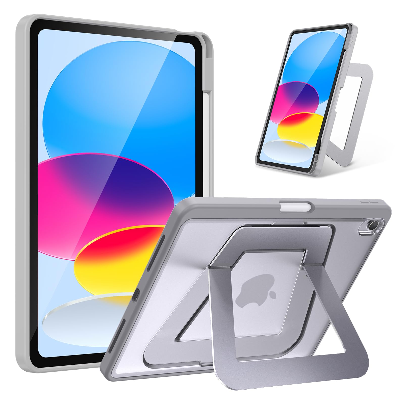 【米軍MIL規格・縦置き/横置きスタンド】iPad A16 ケース 第11世代(2025)/第10世代(2022)対応 専用カバー アルミ調節式 縦横スタンド ペンシルホルダー付き 薄型 軽量 耐衝撃 半透明カバー (