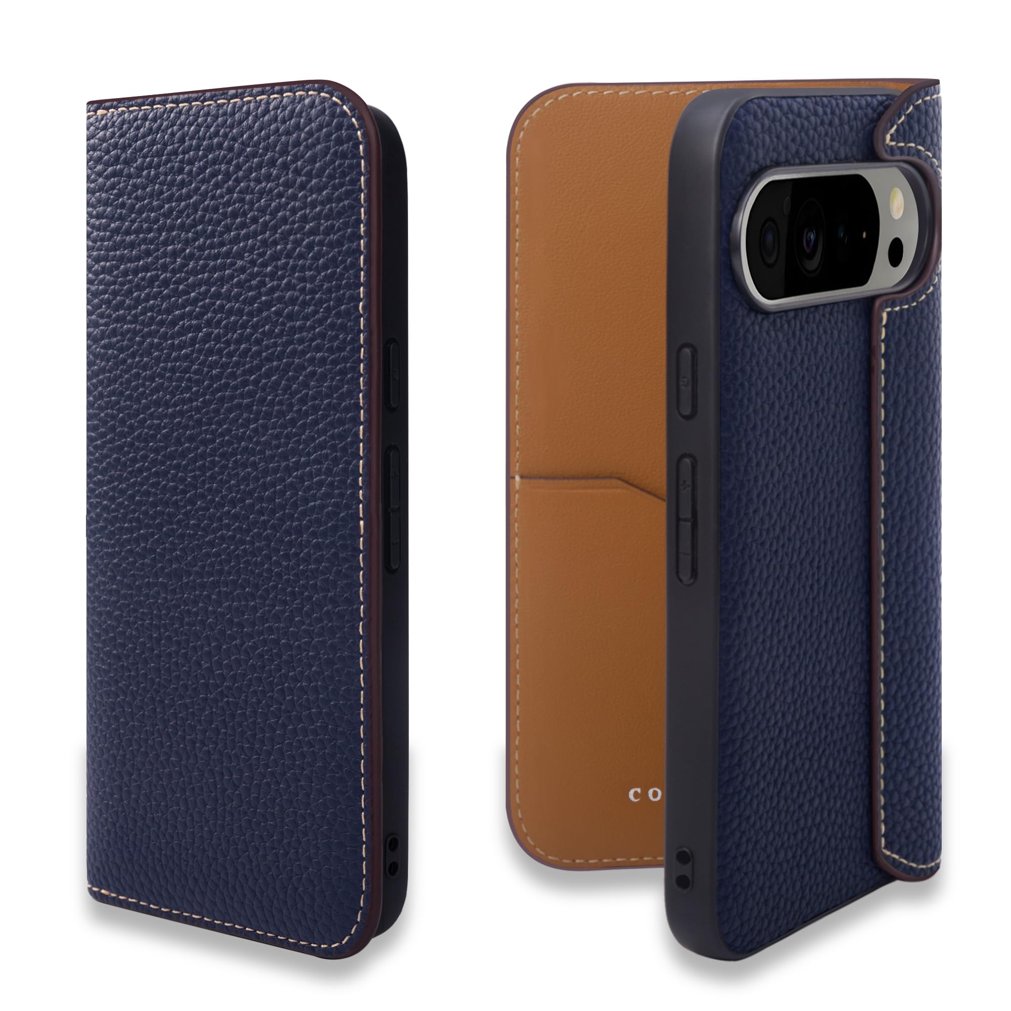COGURE For Google Pixel 10 Pro XL スマホケース 手帳型 代替品 本革 シュリンクカーフレザー カード収納 ABS&TPU衝撃保護ケース 耐衝撃 液晶保護 磁石なし 専用ボックス付き COGPH-pi ネイビー