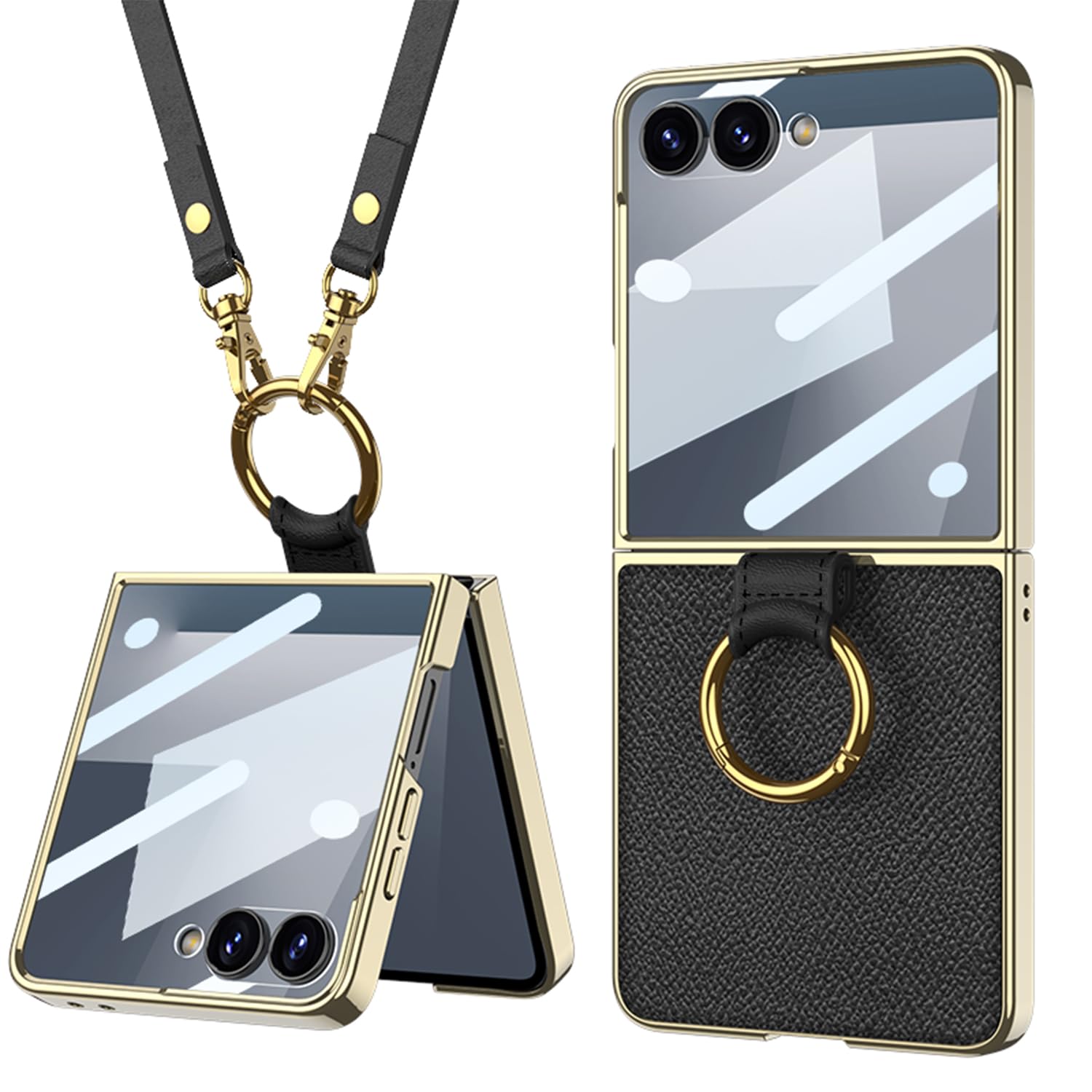 Galaxy Z Flip7 ケース サブ画面保護フィルム付き Samsung ギャラクシーzフリップ7 / SC-55F / SCG35 用 カバー ストラップ付き 高級PUレザー×電気メッキフレーム Uovon スマホケース 軽量 薄型 全面保護 |WES STORE