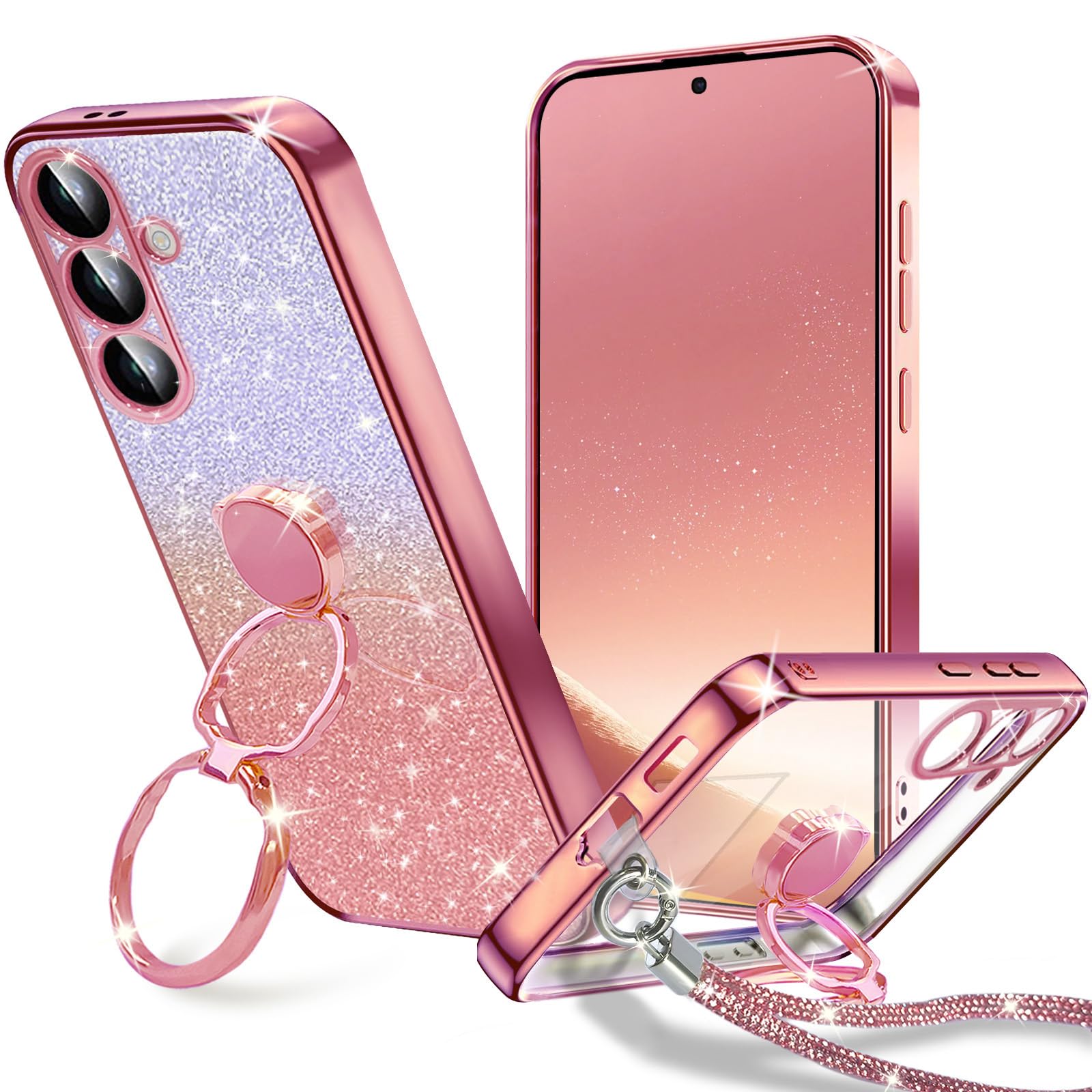 KAJICOO Galaxy S24 ケース ダブルリング付き グリッターカード&リストストラップ ギャラクシーS24 カバー 軽量薄型 キラキラ デザイン可愛い おしゃれ 女子向け レンズ保護 Galaxy S24 スマホケース