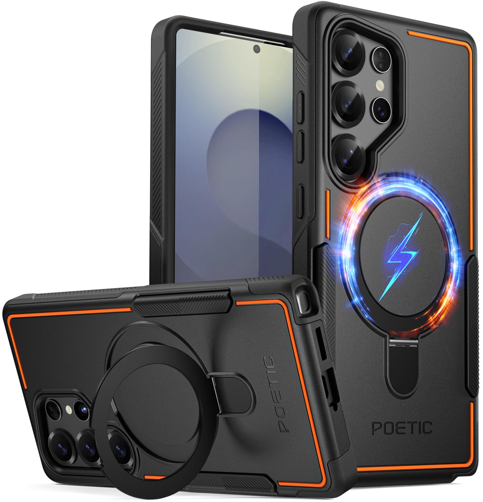 POETIC Neon MagPro 容れもの Samsung Galaxy S25 Ultra 5G用 [磁石式リングキックスタンド] 二重層牢固たるか細い耐衝撃保護すること容れもの 黒いこと/オレンジ色