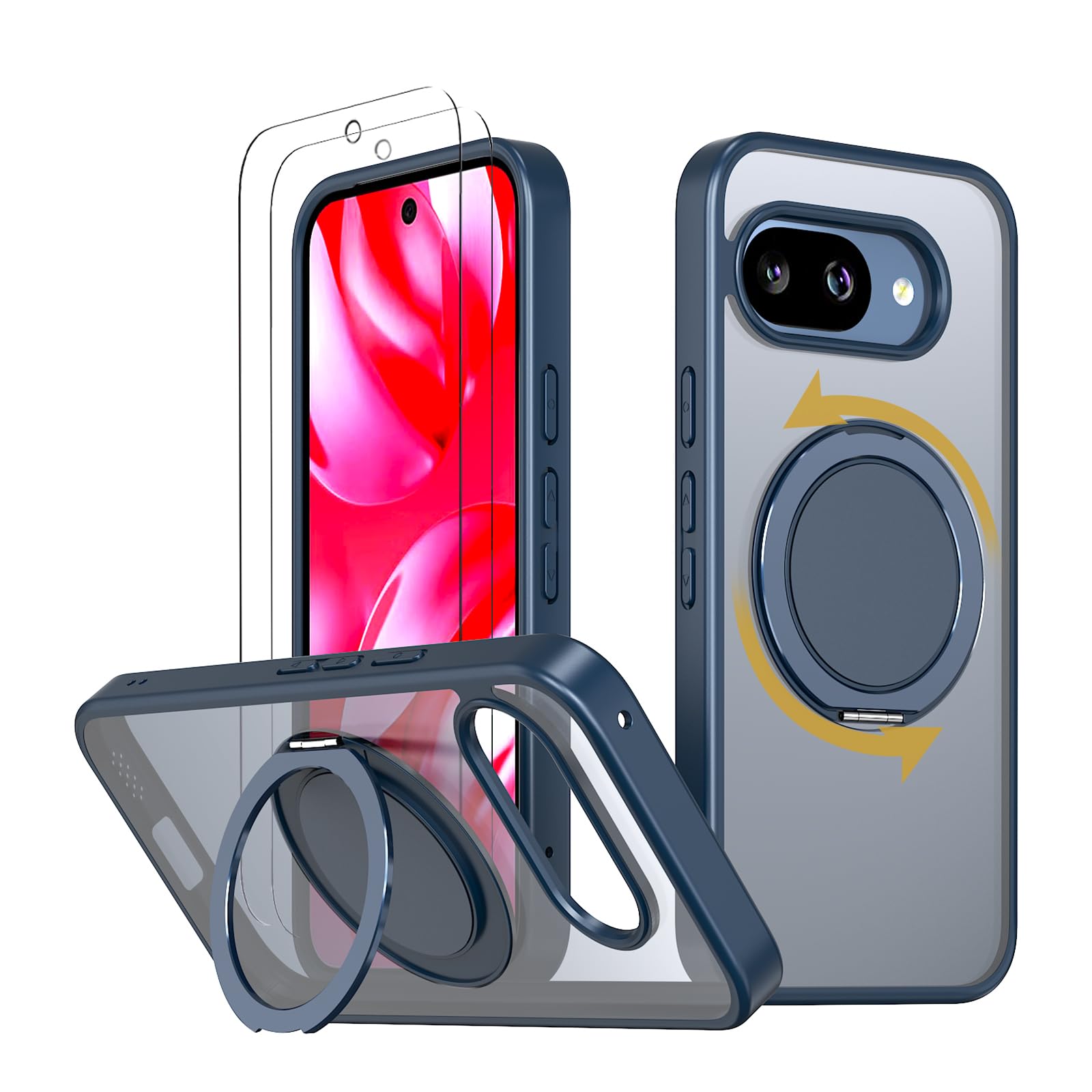 【強化フィルム2枚付き】HCXLYP Google Pixel 9a ケース Magsafe対応 リング スタンド 多機能 360度回転 縦横両対応 グーグル ピクセル9a カバー ワイヤレス充電 耐衝撃 マット感 半透明 指紋防止 アジ