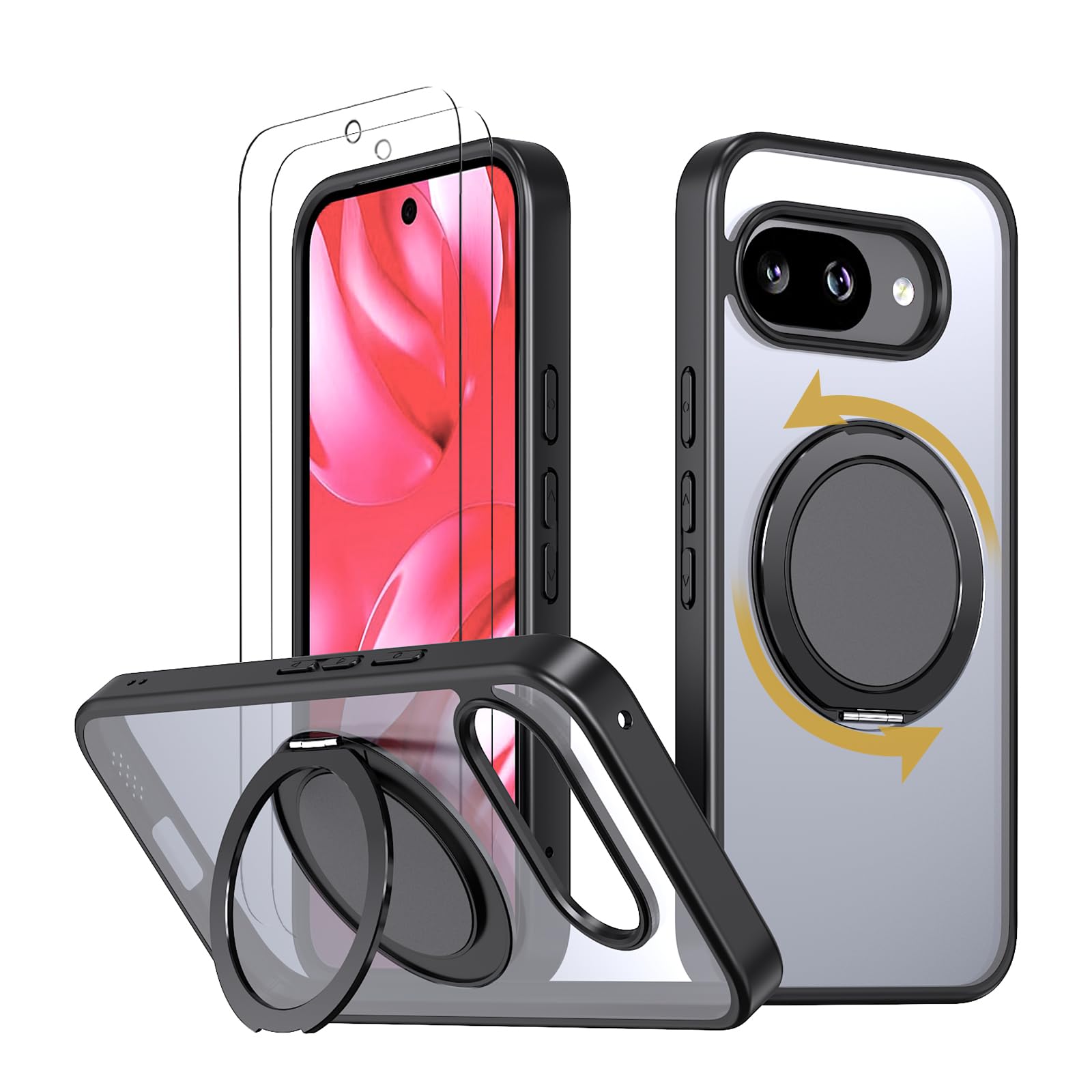 【強化フィルム2枚付き】HCXLYP Google Pixel 9a ケース Magsafe対応 リング スタンド 多機能 360度回転 縦横両対応 グーグル ピクセル9a カバー ワイヤレス充電 耐衝撃 マット感 半透明 指紋防止 アジ