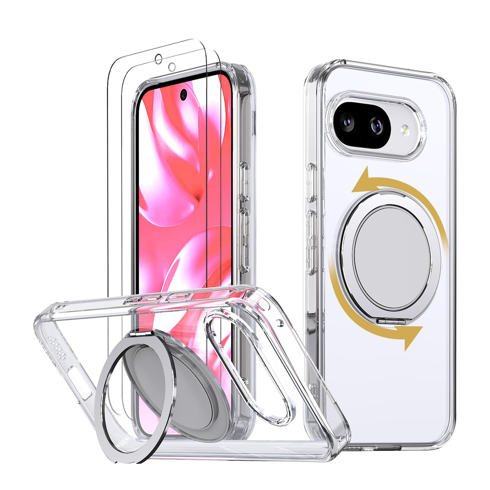 【強化フィルム2枚付き】HCXLYP Google Pixel 9a ケース Magsafe対応 リング スタンド 多機能 360度回転 縦横両対応 グーグル ピクセル9a カバー ワイヤレス充電 耐衝撃 マット感 半透明 指紋防止 アジ