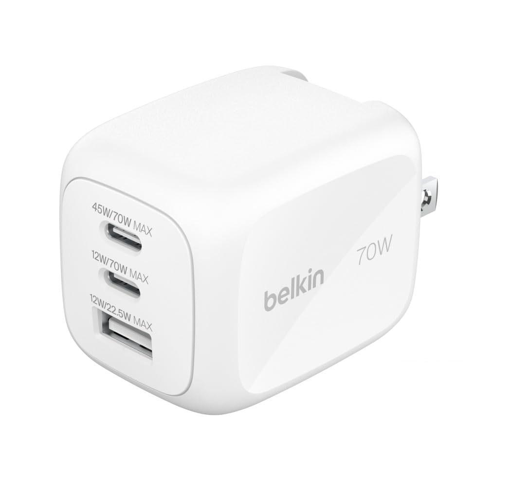 Belkin Cubic Chager Pro 3ポートアダプター GaN 急速充電器 70W USB-C USB-A×1 PD 高速充電対応 3台同時充電 PPS規格 小型 ACアダプター type-c タイプC iPhone MacBook air Windows PC iPad スマホ Galaxy Android ノートパ