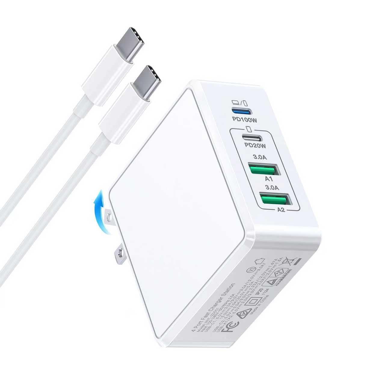 100W PD iPhone 急速充電器 4ポート 合計140W ACアダプター 【2 m USB C - Cケーブル付属/USB PD/QC対応/PSE技術基準適合/折りたたみ式プラグ】タイプc Type-C 充電器 MacBook iPhone iPad Android ノートPCその他各