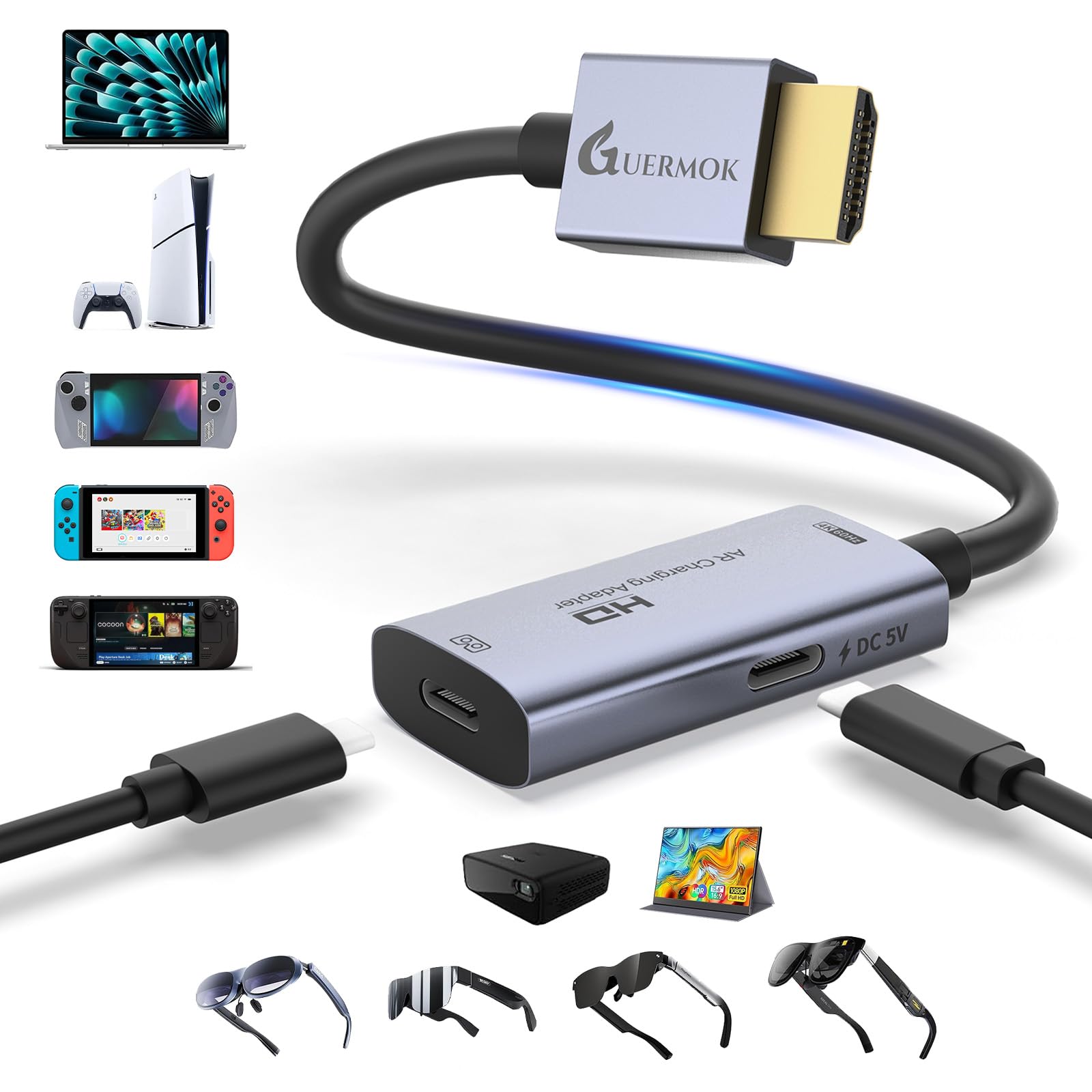 Guermok AR 眼鏡 HDMI - USB-C 見せびらかすアダプタ 5フート 4K@60サイクル 生まれ変わり\u0026申し受ける XR変換器 DC 5V付き添い人 XREAL One/Air 2 Pro/RayNeo/Rokid Steam Switch 2/1 なおなお書き5/4 携帯型管する用 しろがね色