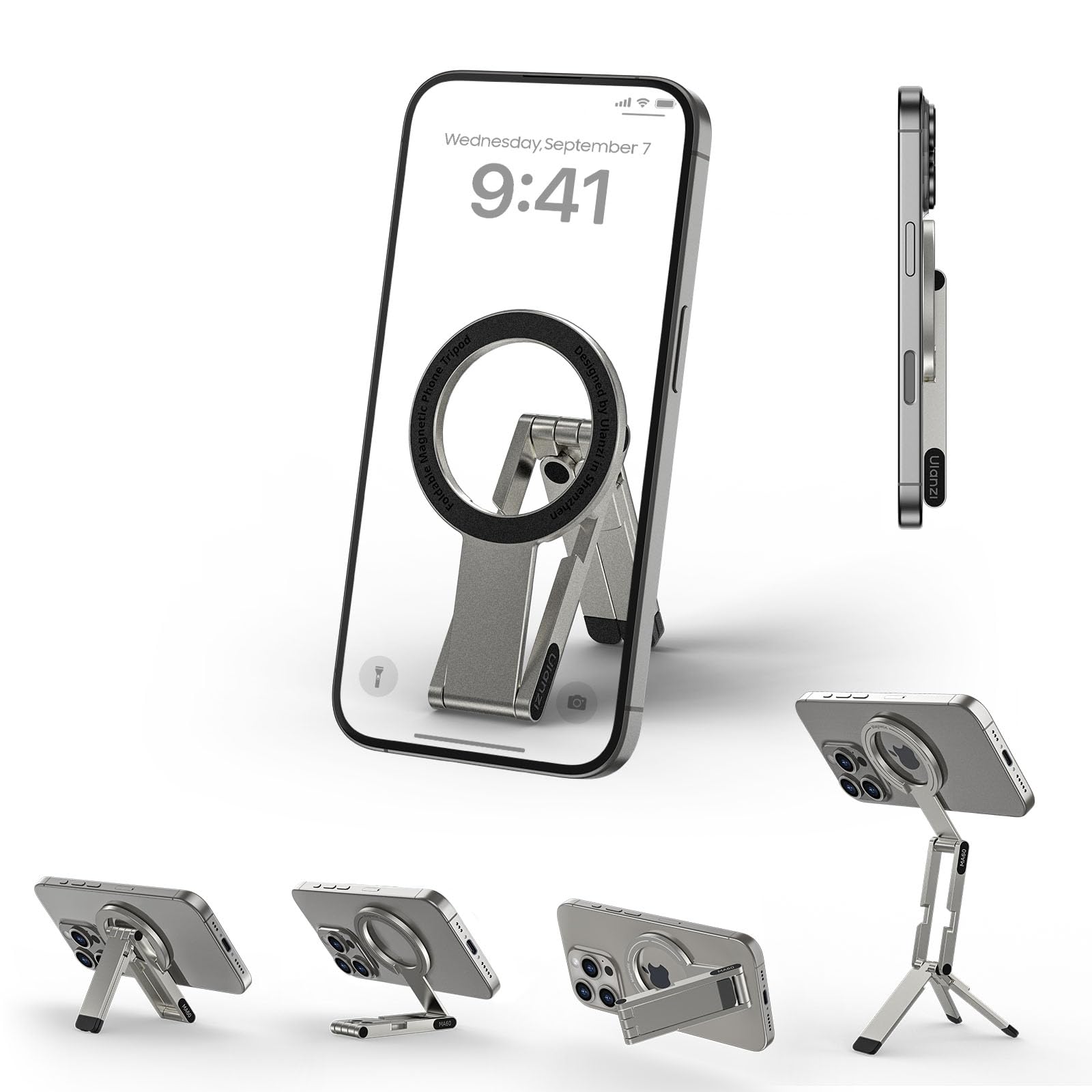 Ulanzi MA60 スマホ三脚 ミニ三脚 magsafeに対応 自撮り棒 スマホスタンド ミニ携帯スタンド 携帯リング スマホグリップ 薄型軽量 多機能角度調整可能 横置き/縦置き 折りたたみ式 両面マグネッ