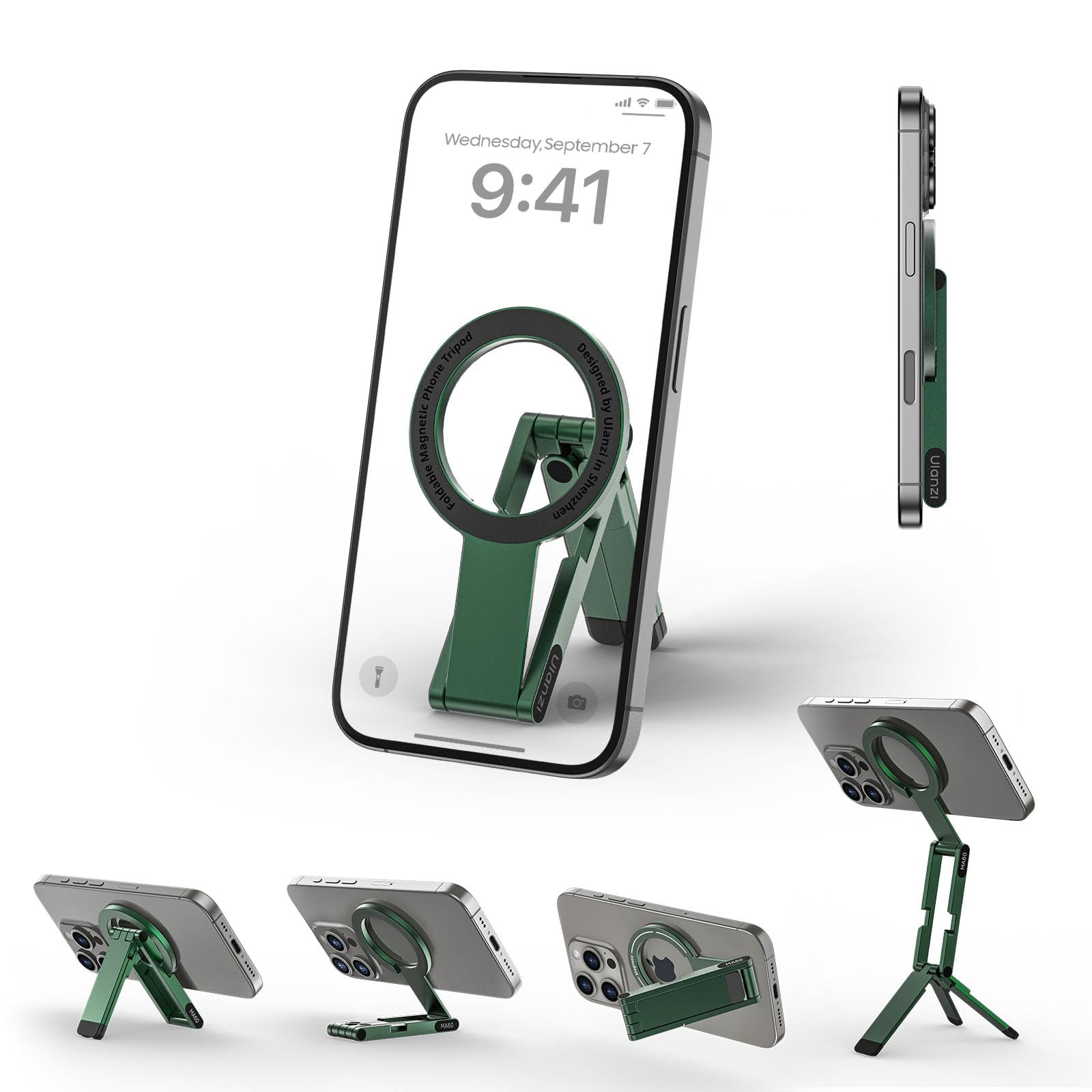 Ulanzi MA60 スマホ三脚 ミニ三脚 magsafeに対応 自撮り棒 スマホスタンド ミニ携帯スタンド 携帯リング スマホグリップ 薄型軽量 多機能角度調整可能 横置き/縦置き 折りたたみ式 両面マグネッ