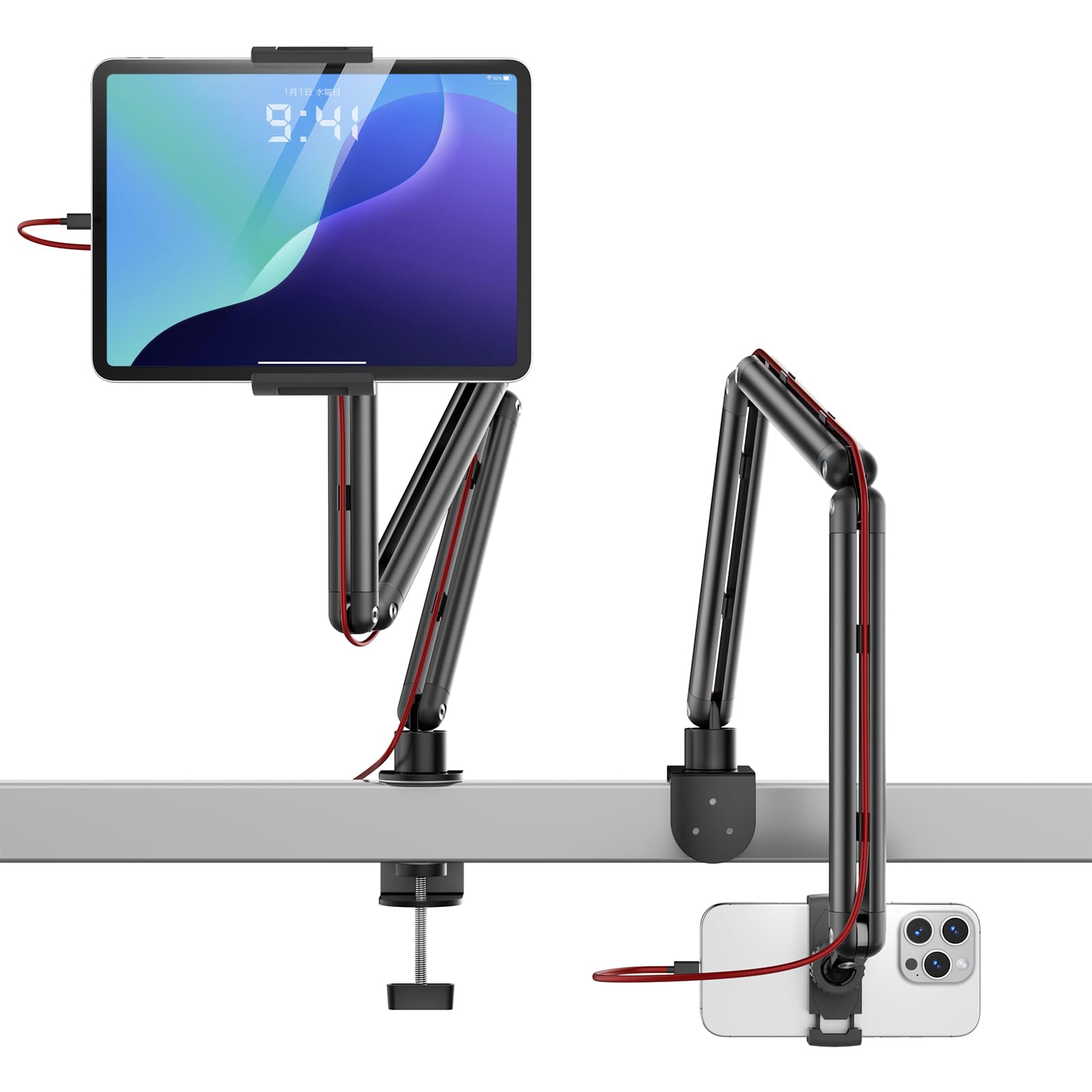 KUUVAN タブレット スタンド iPad アーム 寝ながら アルミ製 8関節 4.7-17.3インチ対応 耐荷重1.2KG 縦横両対応 広範囲可動 俯瞰撮影 ケーブルガイド 折りたたみ スマホ/タブレット/15.6型,17.3型モバ
