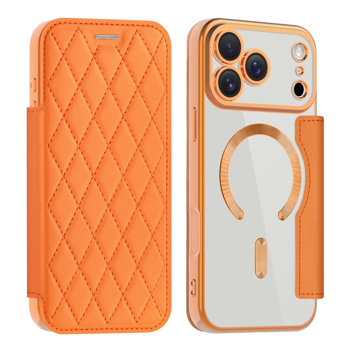 iPhone 17 Pro 対応 ケース 手帳型 MagSafe対応 キルティング 背面透明 クリア 可愛い 女性 手帳 アイフォン17Pro 用 ケース チェエック 格子柄 ゴージャス カード収納 財布型,オレンジ