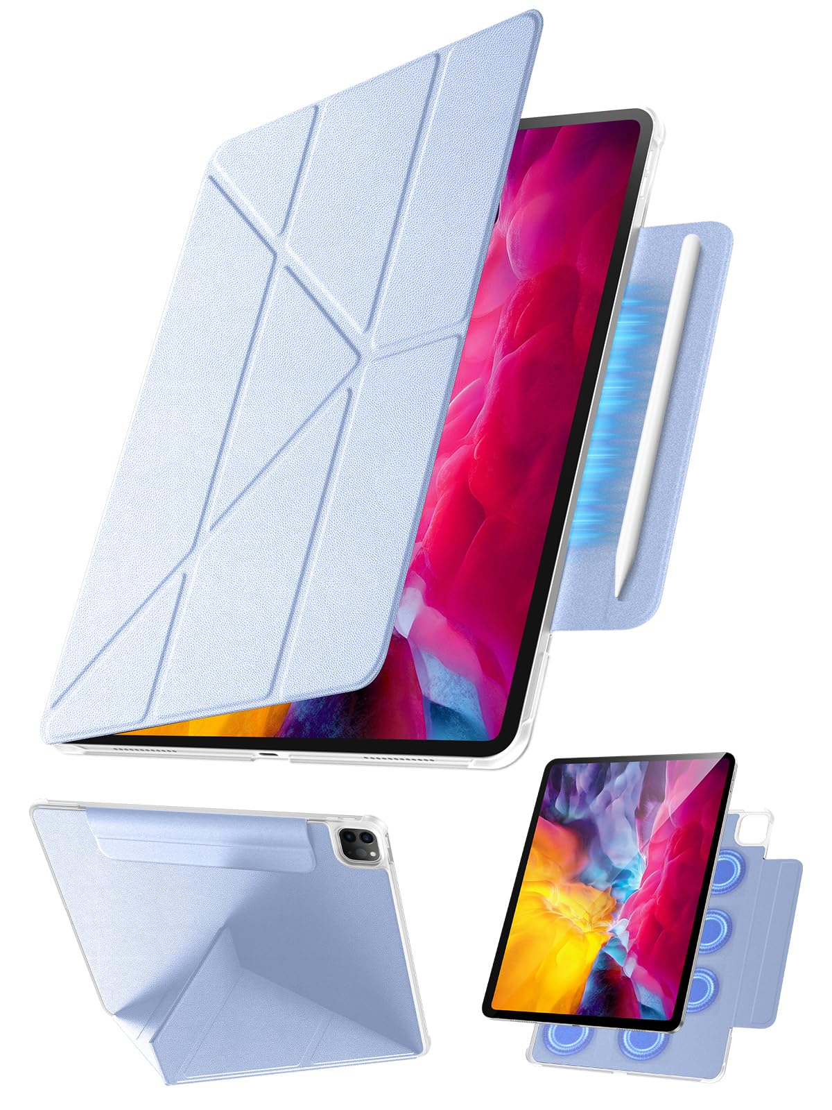 【360°全面保護・Y字スタンド】Tekka iPad Pro 11インチ ケース 第4/3/2世代 (2022/2021/2020) 専用 マグネット吸着 隠しペン収納 縦置き・横置き対応 超薄型 軽量 PUレザー オートスリープ 耐衝撃 (スカ