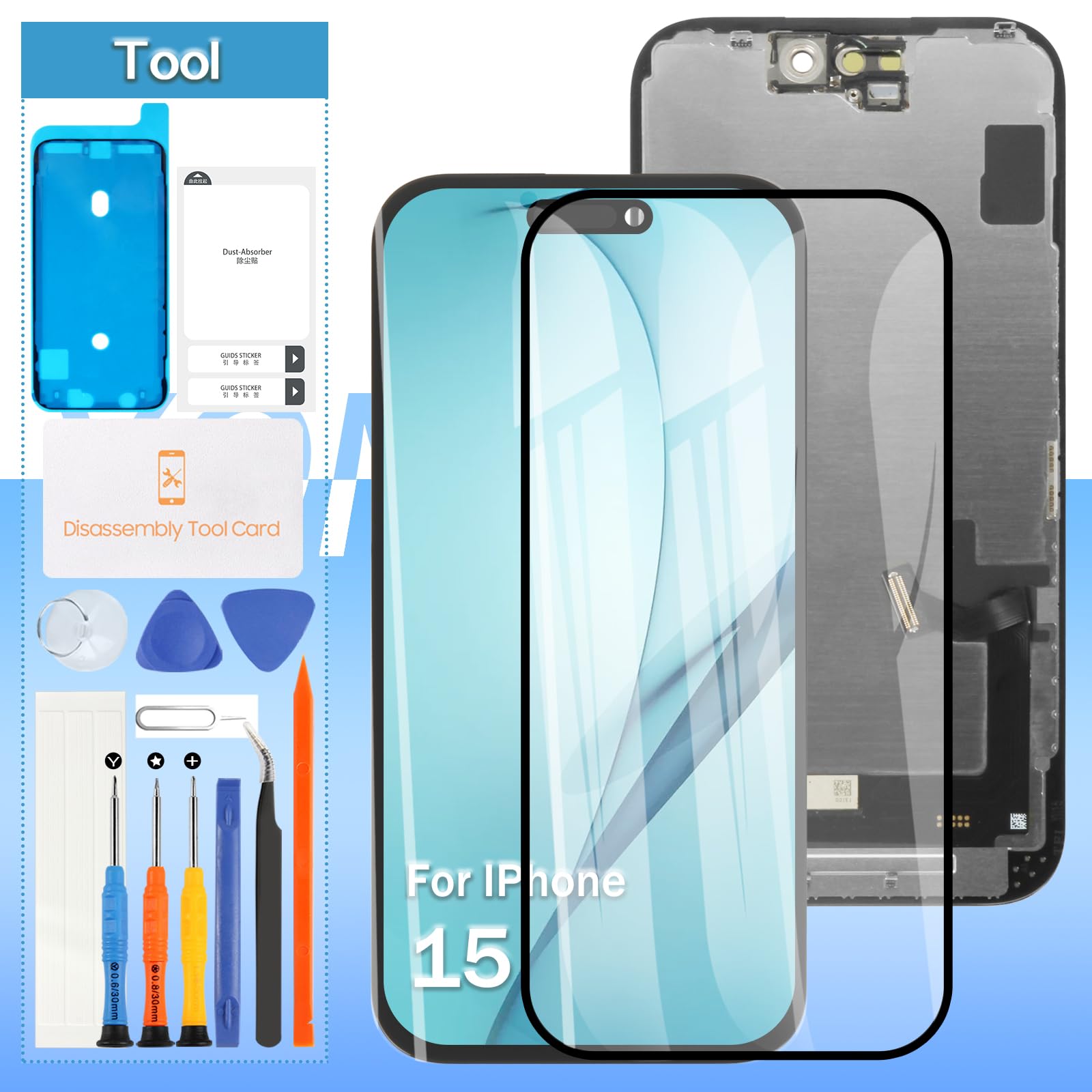 For iPhone 15 液晶パネル 画面交換修理用 タッチパネルセット 6.1 インチ 液晶パネル ガラス スクリーン修理パーツ デジタイザ 修理工具セット付き+保護フィルム+防水シール付き(オリジナル非｜WES STORE