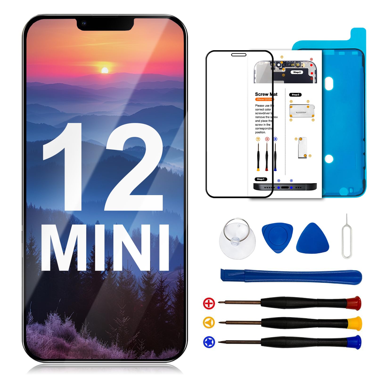 EFAITHFIX for iPhone 12 mini 液晶パネル for iPhone 12 mini 画面交換5.4 インチ 3 D タッチ液晶画面表示フル HD デジタイザー フレーム アセンブリのスクリーンフロントパネルット分解工具付き，適合モ