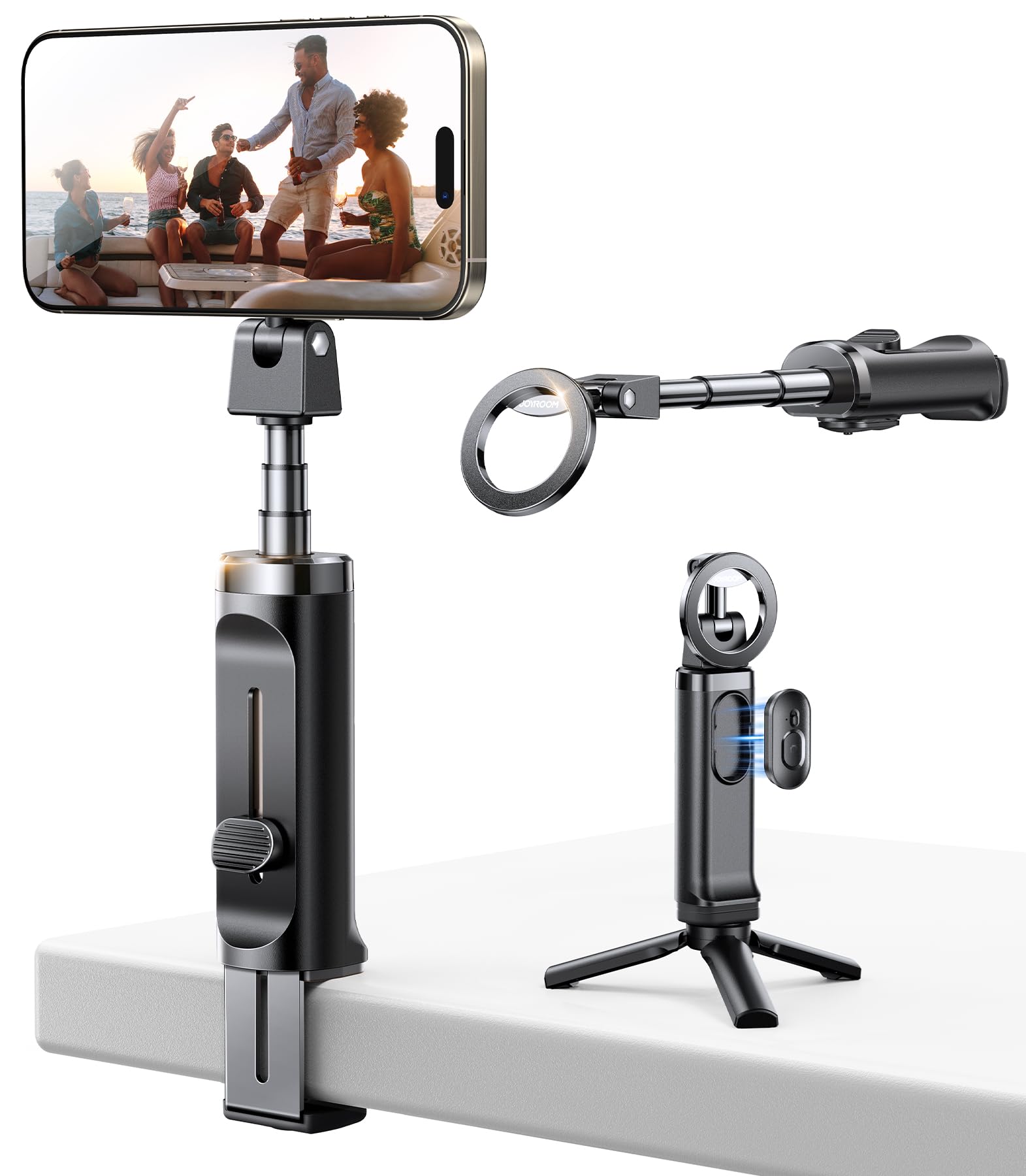 JOYROOM 自撮り棒 スマホ magsafe 三脚 【全方位360°回転＆アルミ合金安定感】スマホスタンド 磁気マグネット式 折りたたみ式 じどり棒 セルカ棒 スマホ撮影用三脚 軽量 持ち運び便利 遠隔Bluetoo