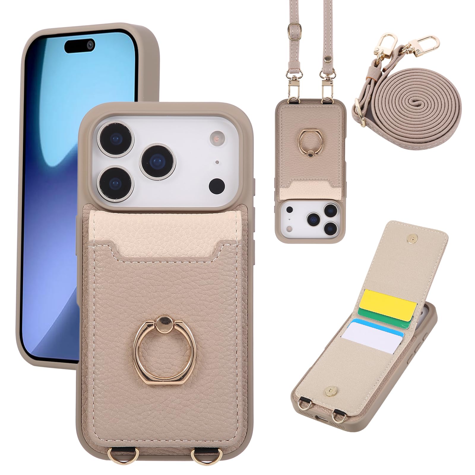 Yuotky for iPhone 17 Pro ケース 手帳型 いphone17pro ケース ショルダー スマホケース iphone17プロ 背面カード収納 アイフォン17 Pro カバー リング付き あいふぉん17Pro カバー スタンド機能 女性 肩掛け