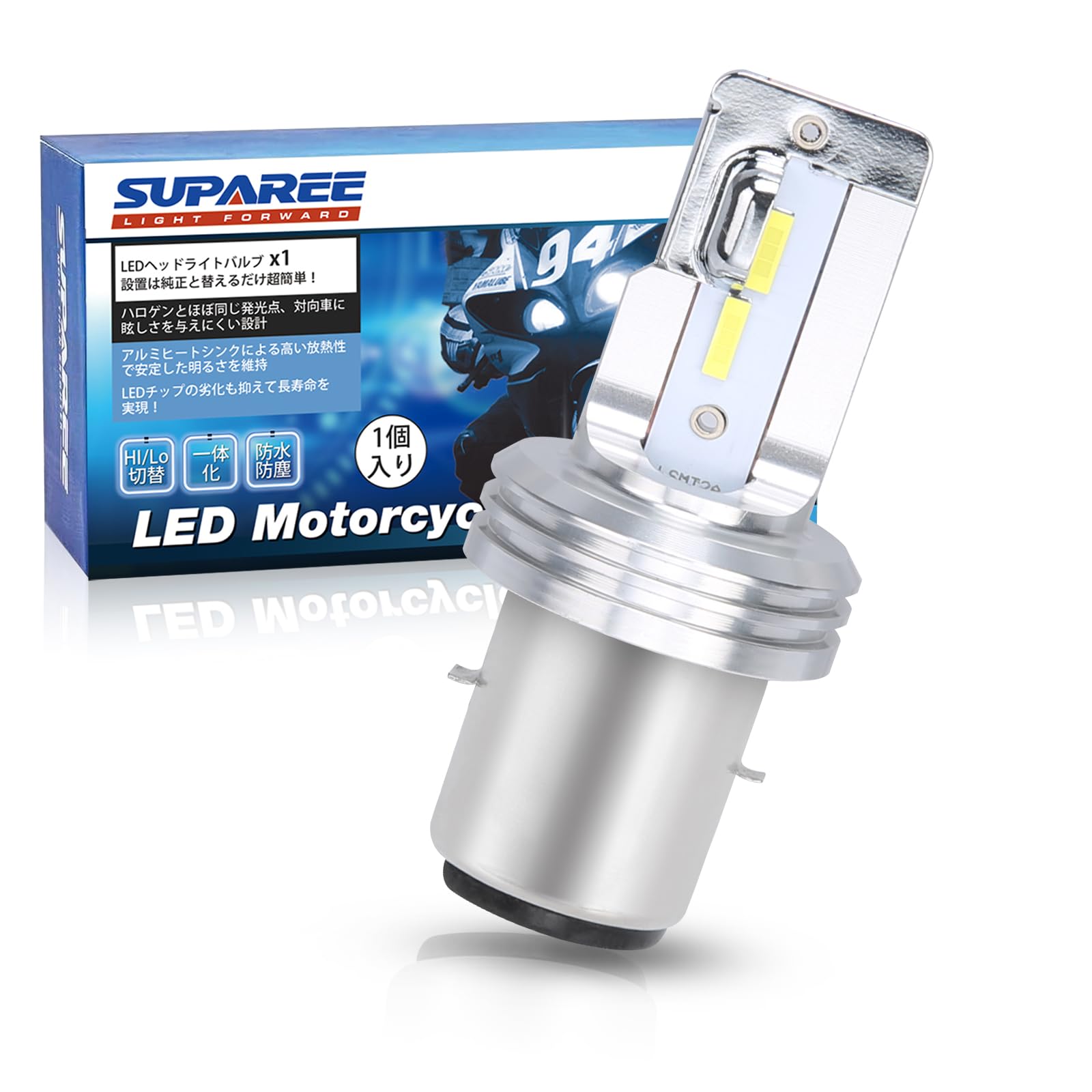 SUPAREE BA20D H4BS バイク用LEDヘッドライト HI/LO切替 ファンレス 車検対応 LEDバルブ AC＆DC兼用 CSP1860チップ搭載 18W 6500k ホワイト 無極性 1個入り