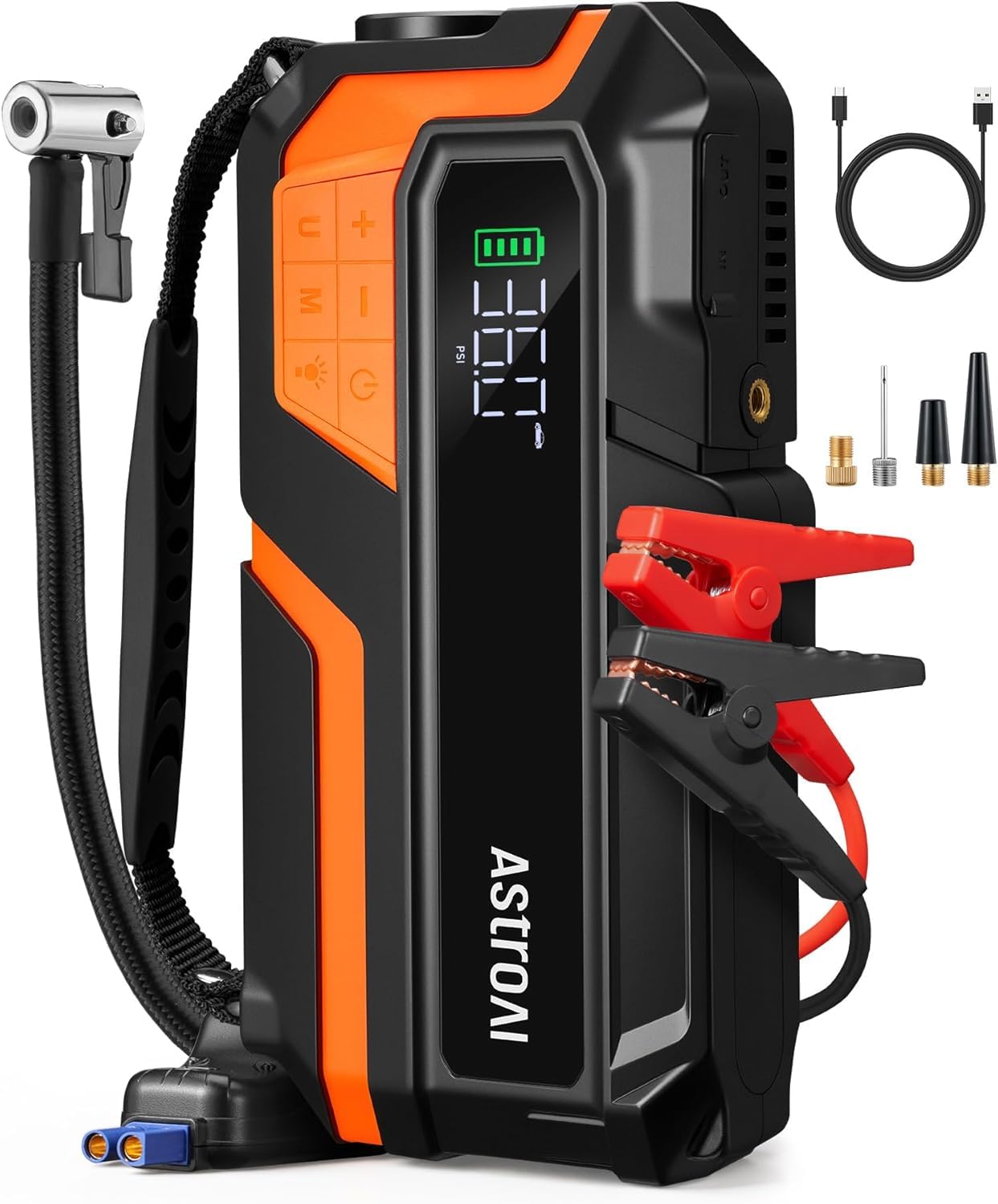 AstroAI M12 ジャンプスターター 1034kPaエアーコンプレッサー付 12000mAh 4000Aピーク電流 車用エンジンスターター（ガソリン全排気量車・最大10.0Lディーゼル車対応） 自動停止機能付タイヤインフ