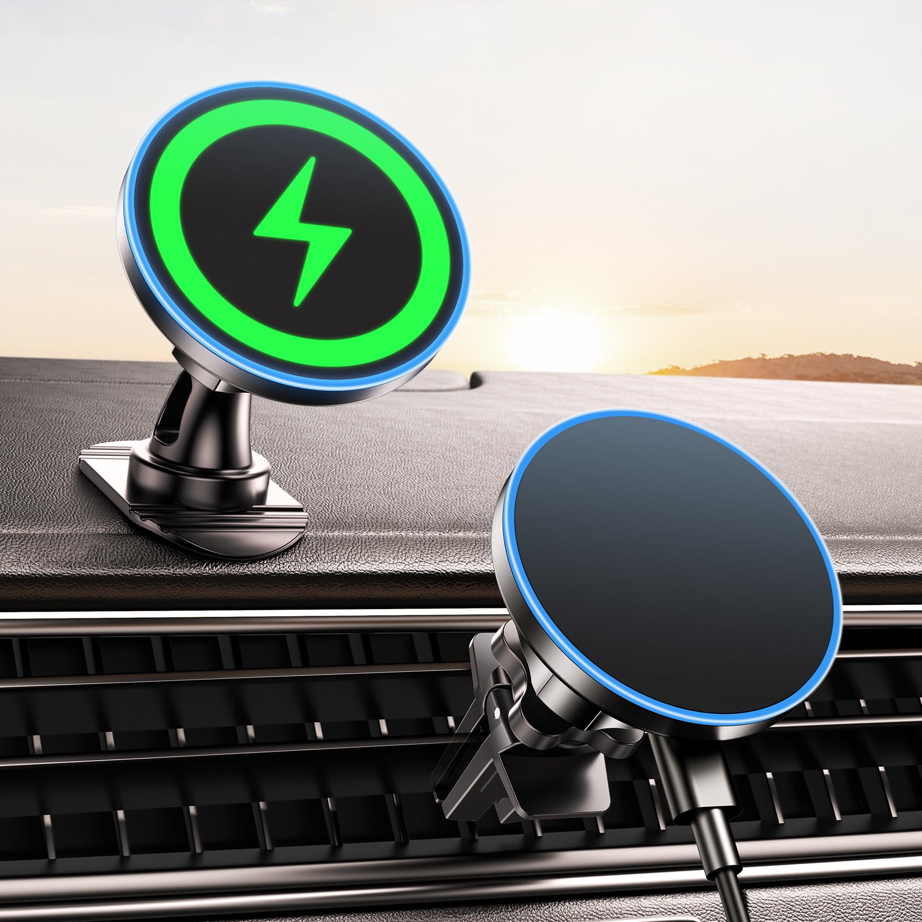 magsafe 車載ホルダー マグセーフ充電器 車 充電 15w 急速&超強磁力 【360°自由調整?エアベントクリップ?粘着式ダッシュマウント】 車載ワイヤレス充電器 自動位置調節 エアコン吹き出し口両