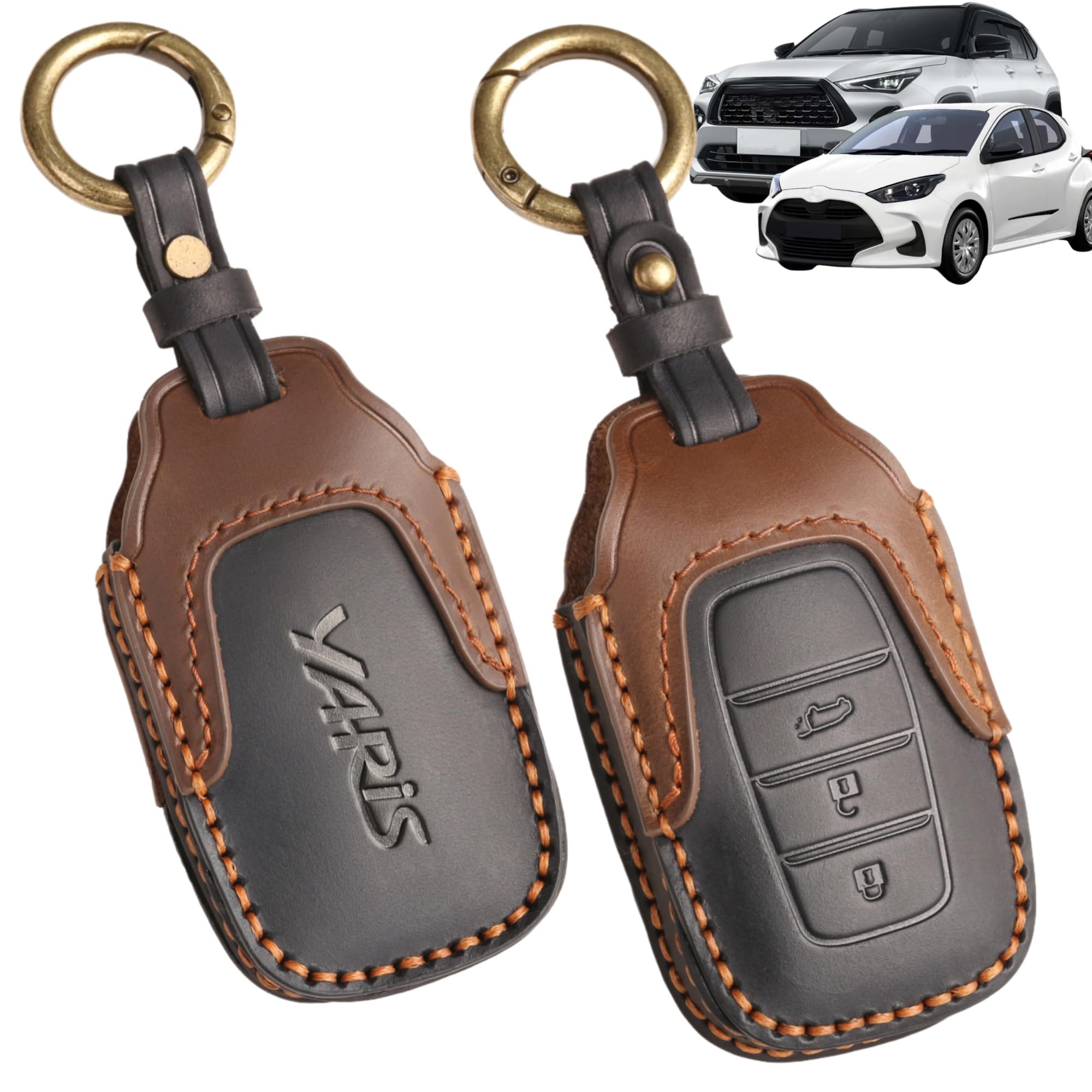 TatkDIY 適用 新型ヤリス ヤリスクロス 専用 キーケース 本革 キーカバー 後期カスタムパーツ カーアクセサリー ドレスアップ 内装パーツ 落下キズ防止 (ロゴ付3ボタンブラック)