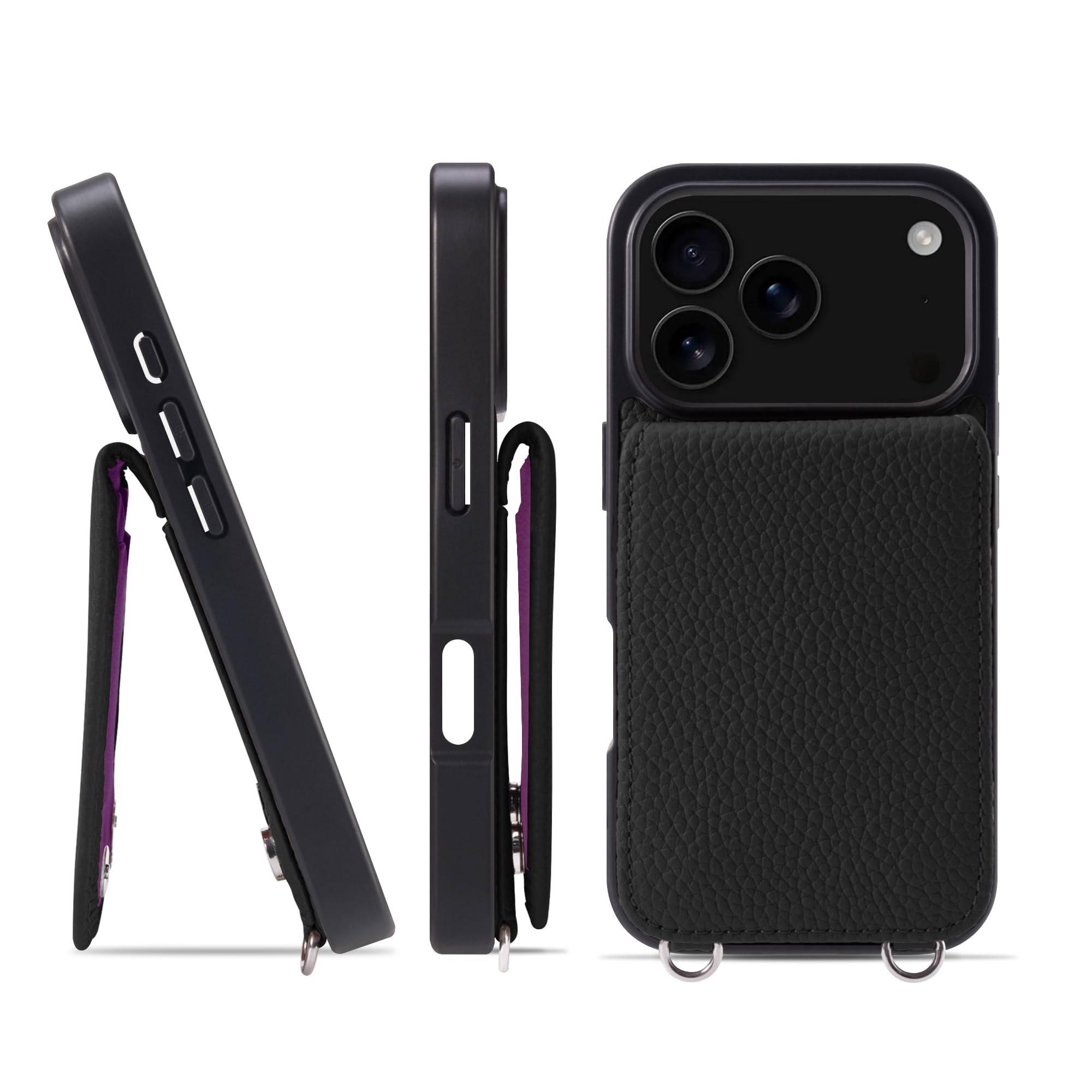 HANATORA for iPhone 17Pro ケース バンパー型 本革 スマホケース スマホ カードポケット スタンド ショルダーストラップ 付き シュリンクカーフレザー ギフト ブラック SCPG-17Pro-Black
