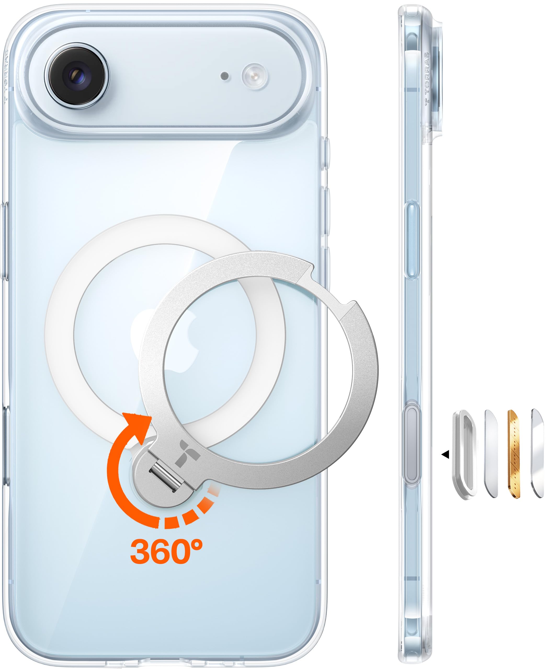 TORRAS iPhone Air 用 ケース 360° ゼンマイ式スタンド 米軍規格 縦横両対応 リング付き マグネット搭載 ワイヤレス充電対応 耐衝撃 防指紋 Ostand Spin クリア