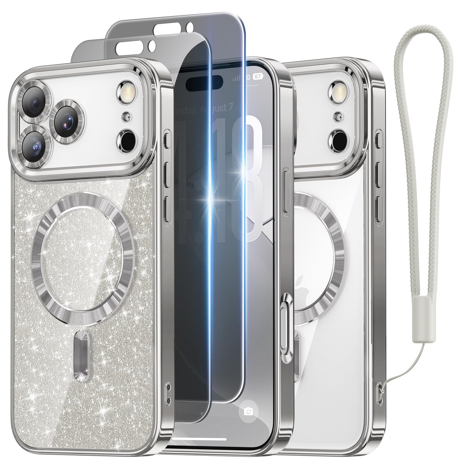 Meifigno ケース iPhone 17 Pro対応 [MagSafe対応] [覗き見防止フィルム 2枚] [グリッターカード&リストストラップ] サラウンドレンズ保護 iPhone 17 Proケース対応 シルバーグレー