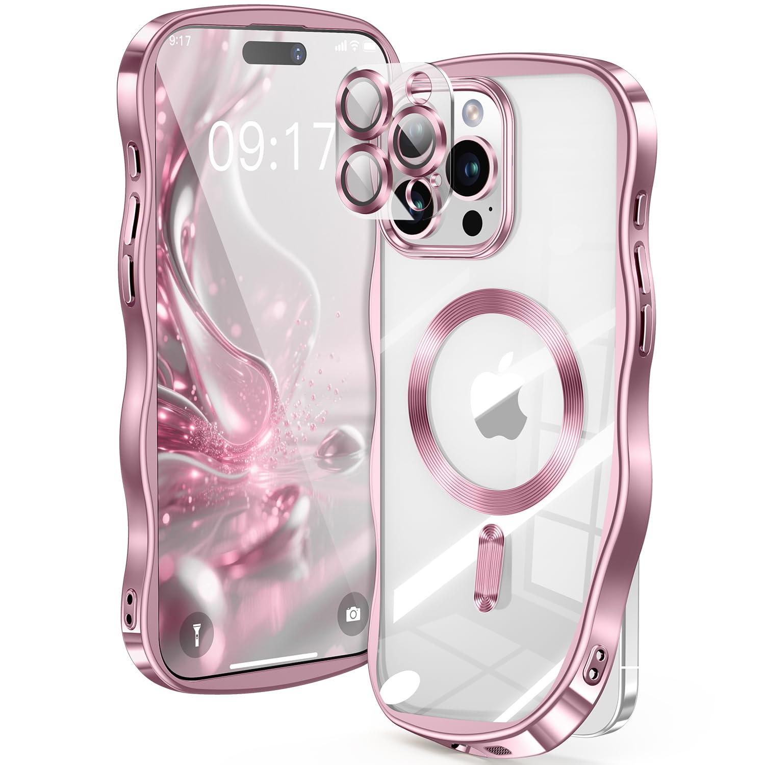 【米軍進化耐久・CDリング・キュートなウェーブエッジ】iPhone 15 Pro ケース 【カメラ全面保護】【MagSafe対応】カメラフィルム 強力マグネット 衝撃吸収 TPU+PC メッキ加工 ソフト 黄ばみ防止