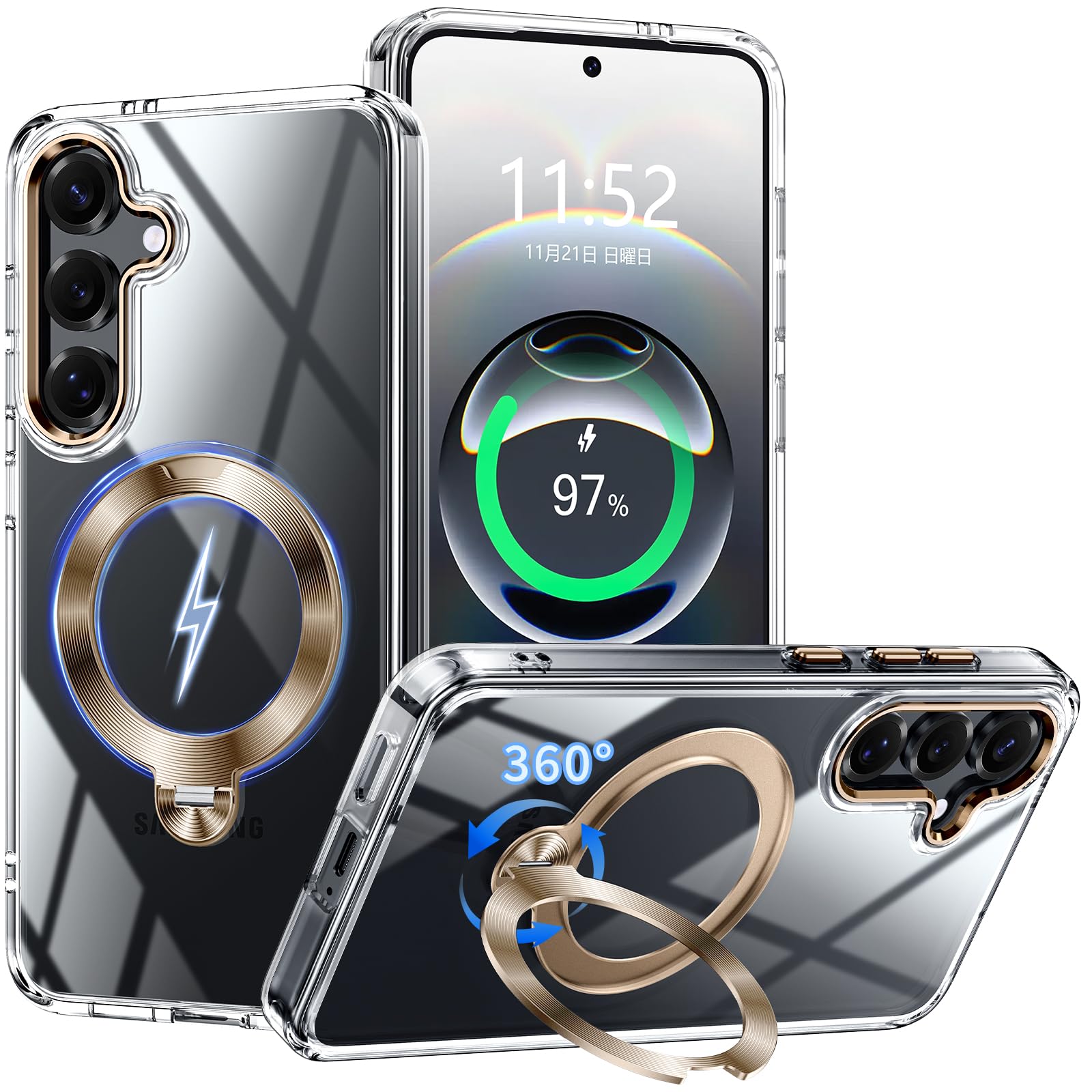 PETORA Galaxy S24 用 ケース Galaxy S25 用 ケース リング付き MagSafe対応【360度回転式マグネットスタンド・縦横両対応】米軍MIL規格 耐衝撃 レンズ保護 透明 黄ばみ防止 滑り止め マグセーフワイヤ