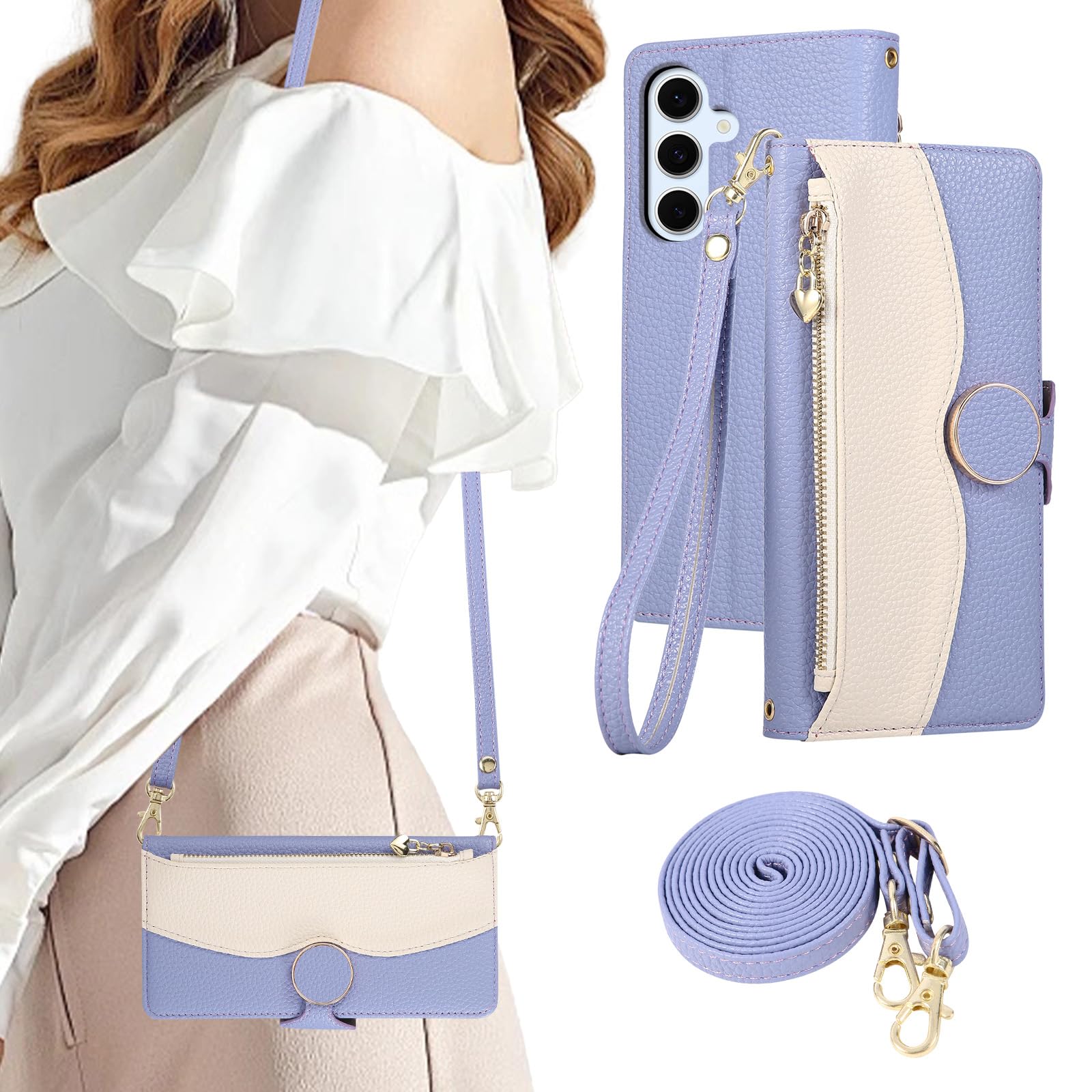 KW-LINK 向けの Galaxy S24 FE ケース 手帳型 ショルダー スマホケース ギャラクシーS24 FE ケース 手帳型 おしゃれ 2色パッチワーク 携帯カバー au SCG30 ケースカバー 小銭入れ カード収納 ジップ付