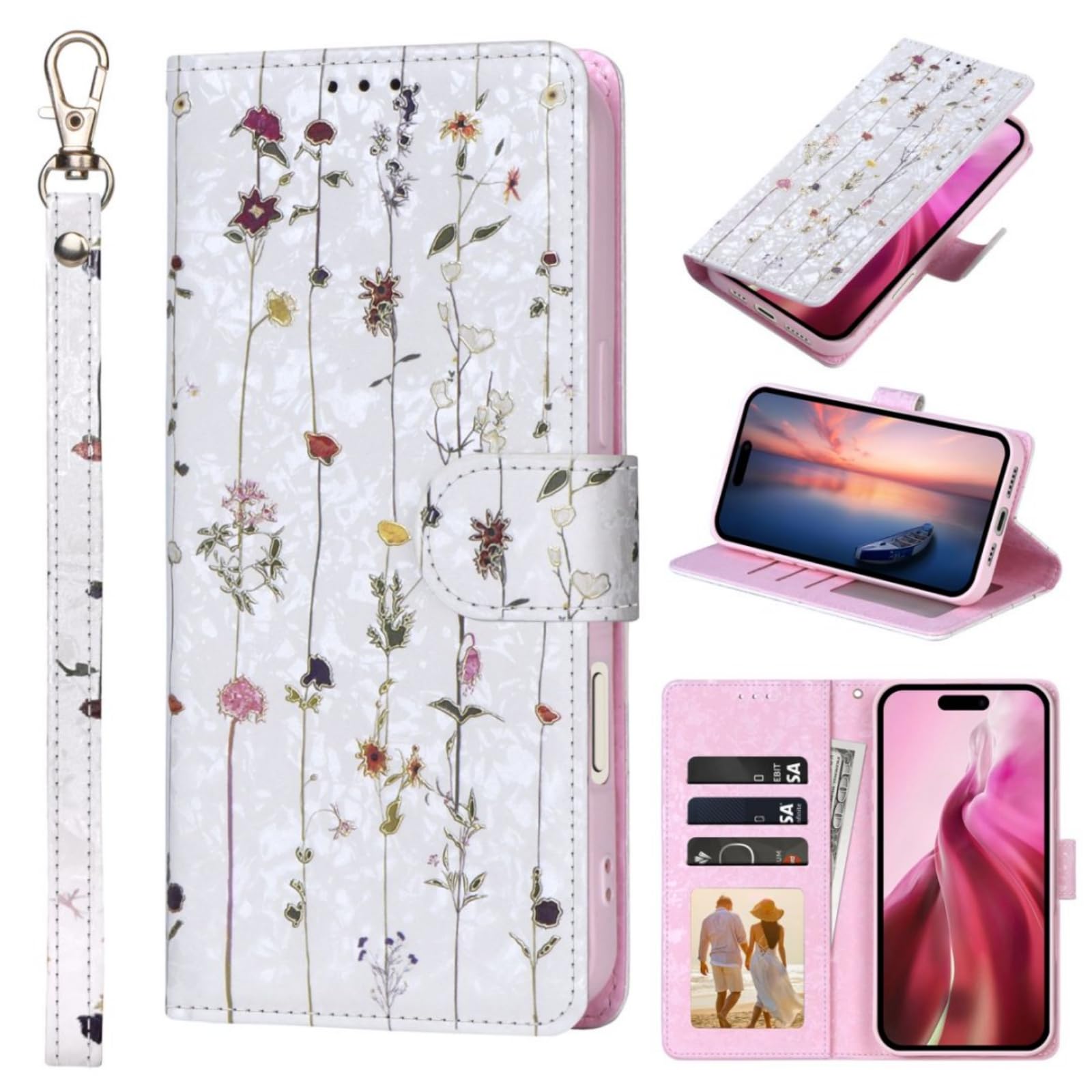 MaKaWa for iPhone 12 Mini ケース 手帳型 携帯カバー アイフォン 12 Mini カード収納 スタンド機能 あいほん 12 Mini ケース 手帳型 シンプル 軽量 耐衝撃高級PUレザー 全面保護 耐汚れ 花柄 ストラップ
