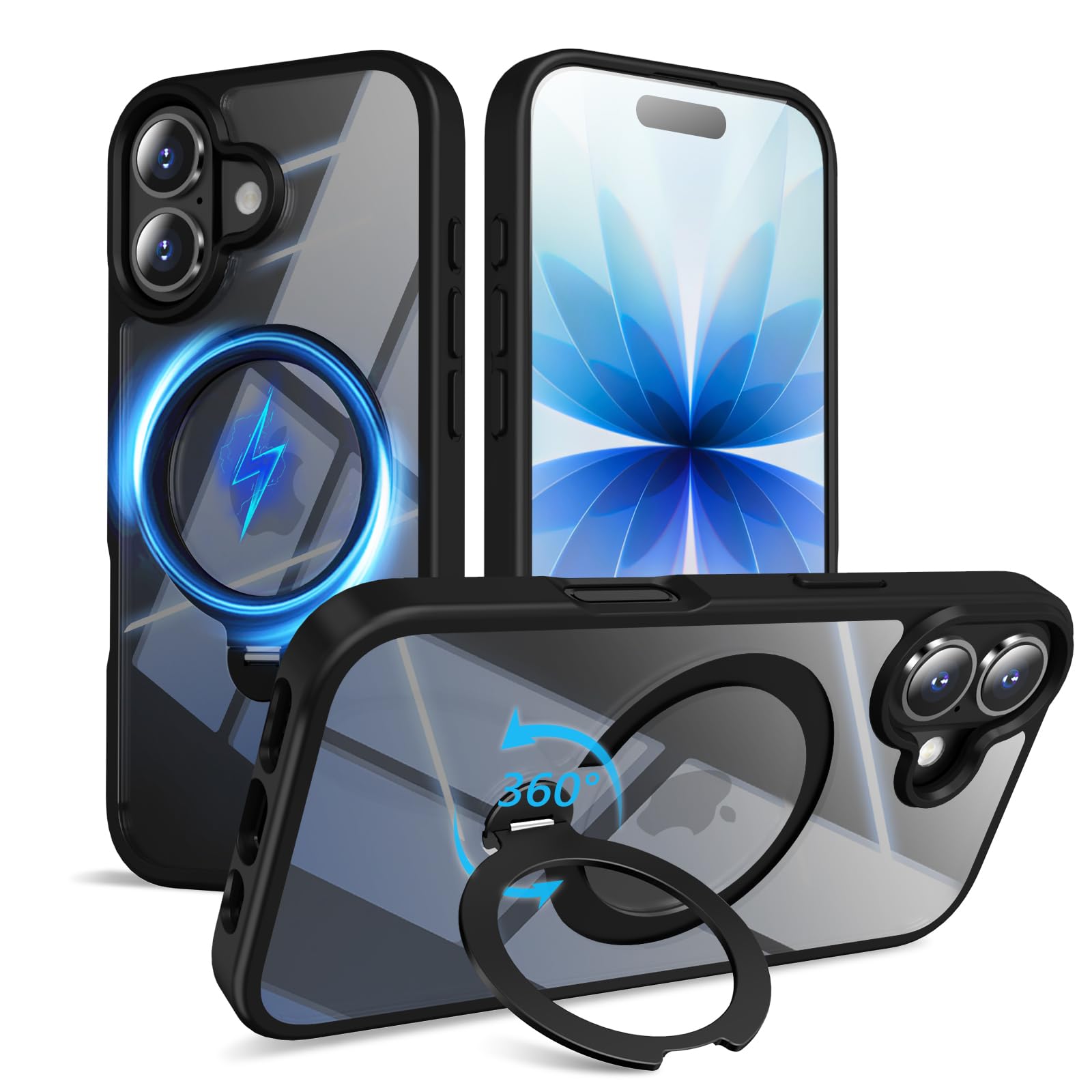 KWATUNG iphone 17 用 ケース MagSafe対応 多機能 定点360度回転 スタンド付き リング付き ワイヤレス充電 いphone17用 ケース magsafe 縦横両対応 あいふおん17用 カバー マグネット搭載 耐衝撃 スマホケ