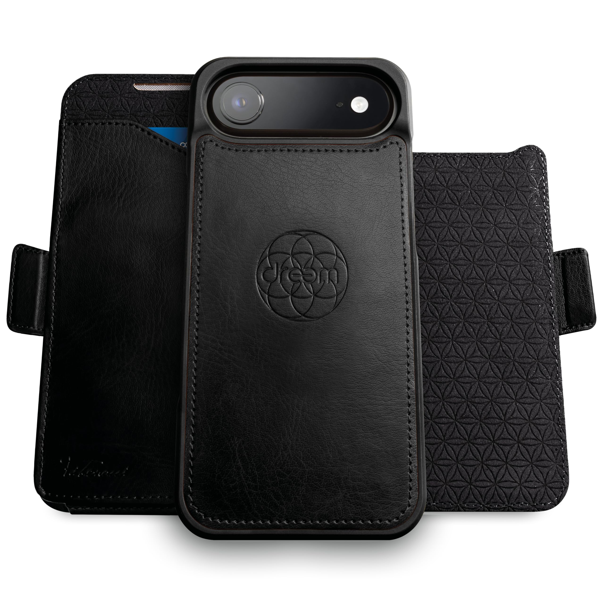 Dreem iphone air ケースウォレット、画期的なスマートフォンスタンド、ヴィーガンレザー、MagSafeフィット対応、マグネット着脱式フリップカバー、RFID保護カードホルダー、ギフトボックス入