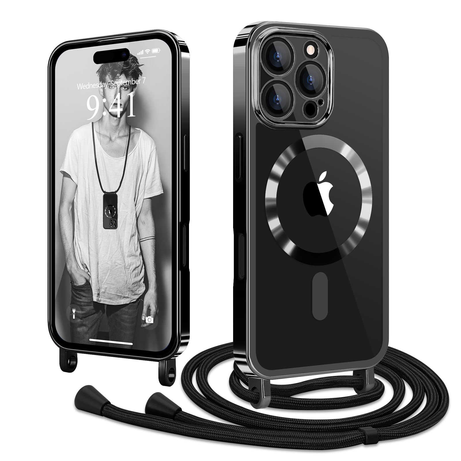 Lafunda iPhone 16 Pro 用 ケース クリア MagSafe対応 ショルダー スマホカバー 透明 肩掛け 斜めかけ 縄掛け TPU 薄型 おしゃれ マグネット搭載 耐衝撃 落下防止 長さ調整可能 ワイヤレス充電 アイフ
