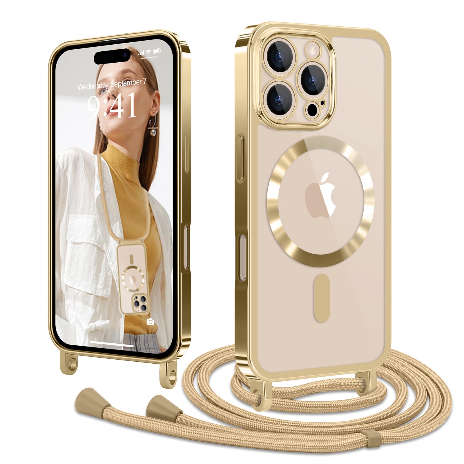 Lafunda iPhone 16 Pro 用 ケース クリア MagSafe対応 ショルダー スマホカバー 透明 肩掛け 斜めかけ 縄掛け TPU 薄型 おしゃれ マグネット搭載 耐衝撃 落下防止 長さ調整可能 ワイヤレス充電 アイフ