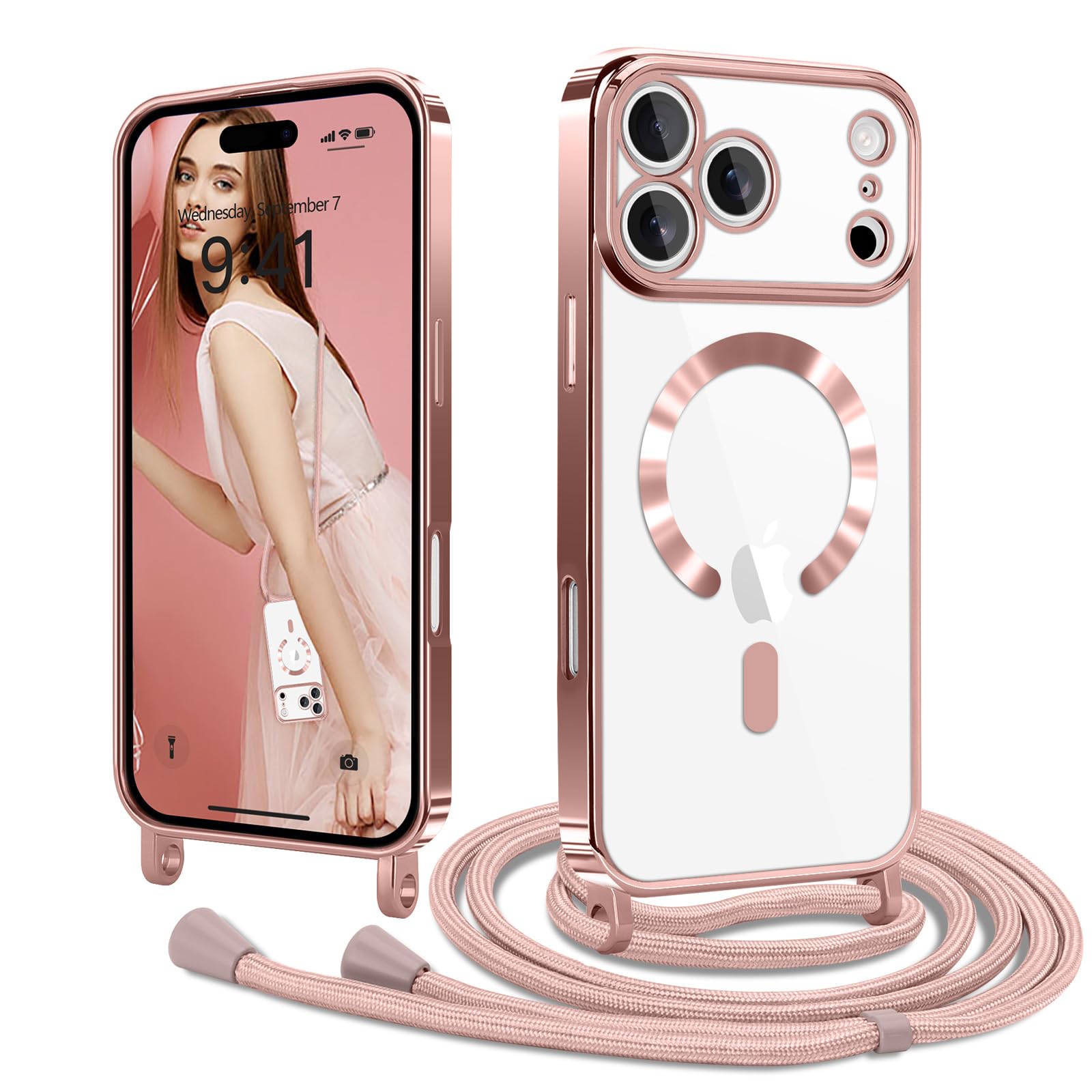Lafunda iPhone 17 Pro 用 ケース クリア MagSafe対応 ショルダー スマホカバー 透明 肩掛け 斜めかけ 縄掛け TPU 薄型 おしゃれ マグネット搭載 耐衝撃 落下防止 長さ調整可能 ワイヤレス充電 アイフ