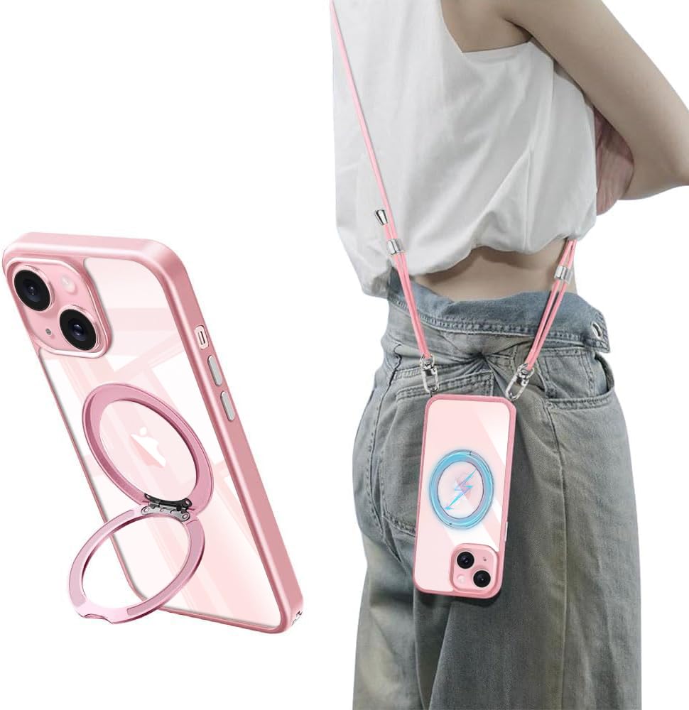 iPhone 15 専用 ケース クリア MagSafe対応 360度回転スタンド マグネット搭載 ワイアレス充電対応 iPhone15 カバー ショルダー ネック ストラップ付き 長さ調整可能 アイフォン15 ケース 耐衝撃 ス