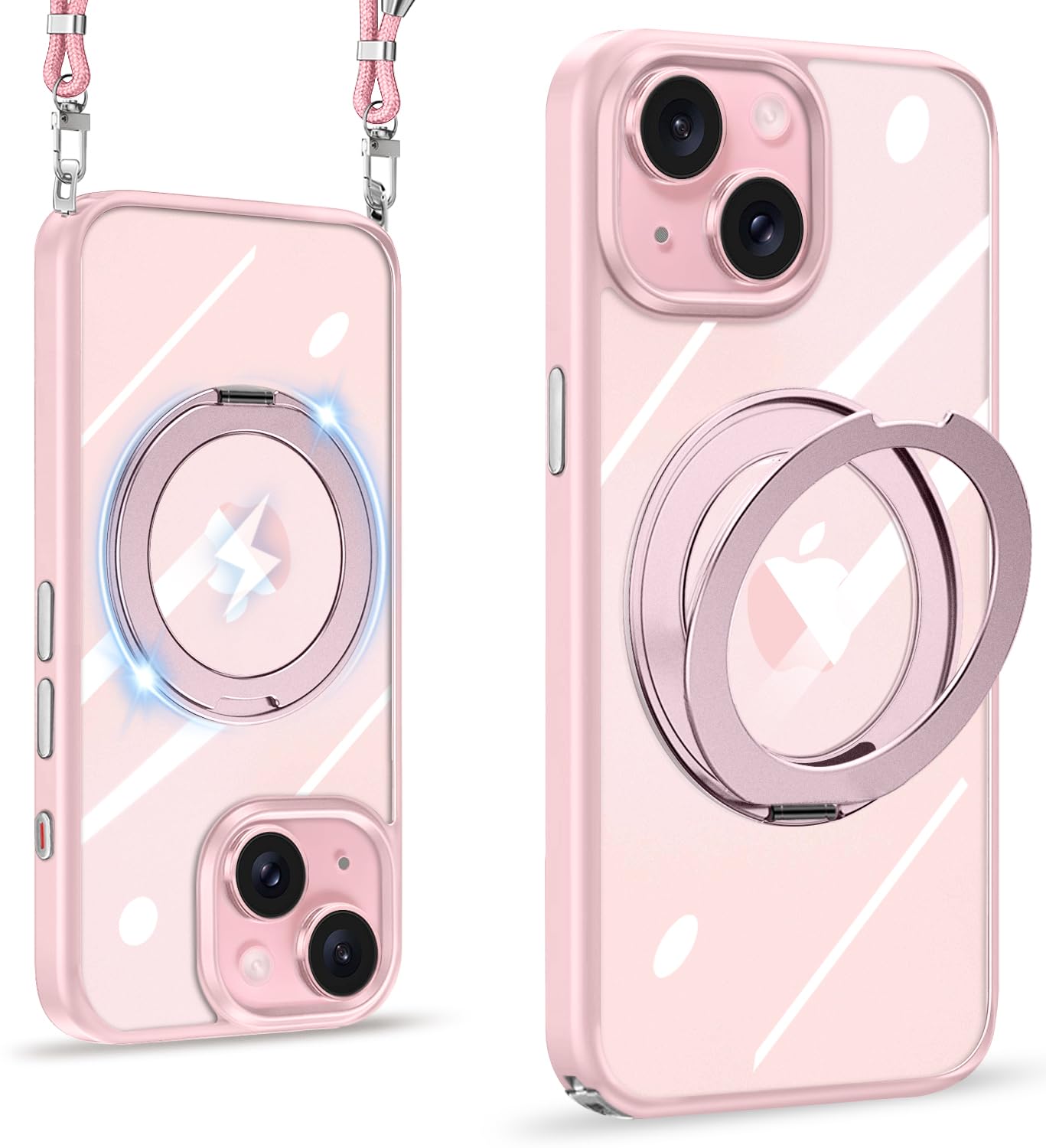 NISIILNG For iPhone 15 容れもの せつ然たる 肩先 MagSafe相応う 輪っか 360°回転させる照明ランプ 無線電話申し受ける相応う いphone15 取りまかなう 耐衝撃 澄み切った 黄ばみなし アイフォン15 スマホケース 首掛け 膝掛け 曲がった掛