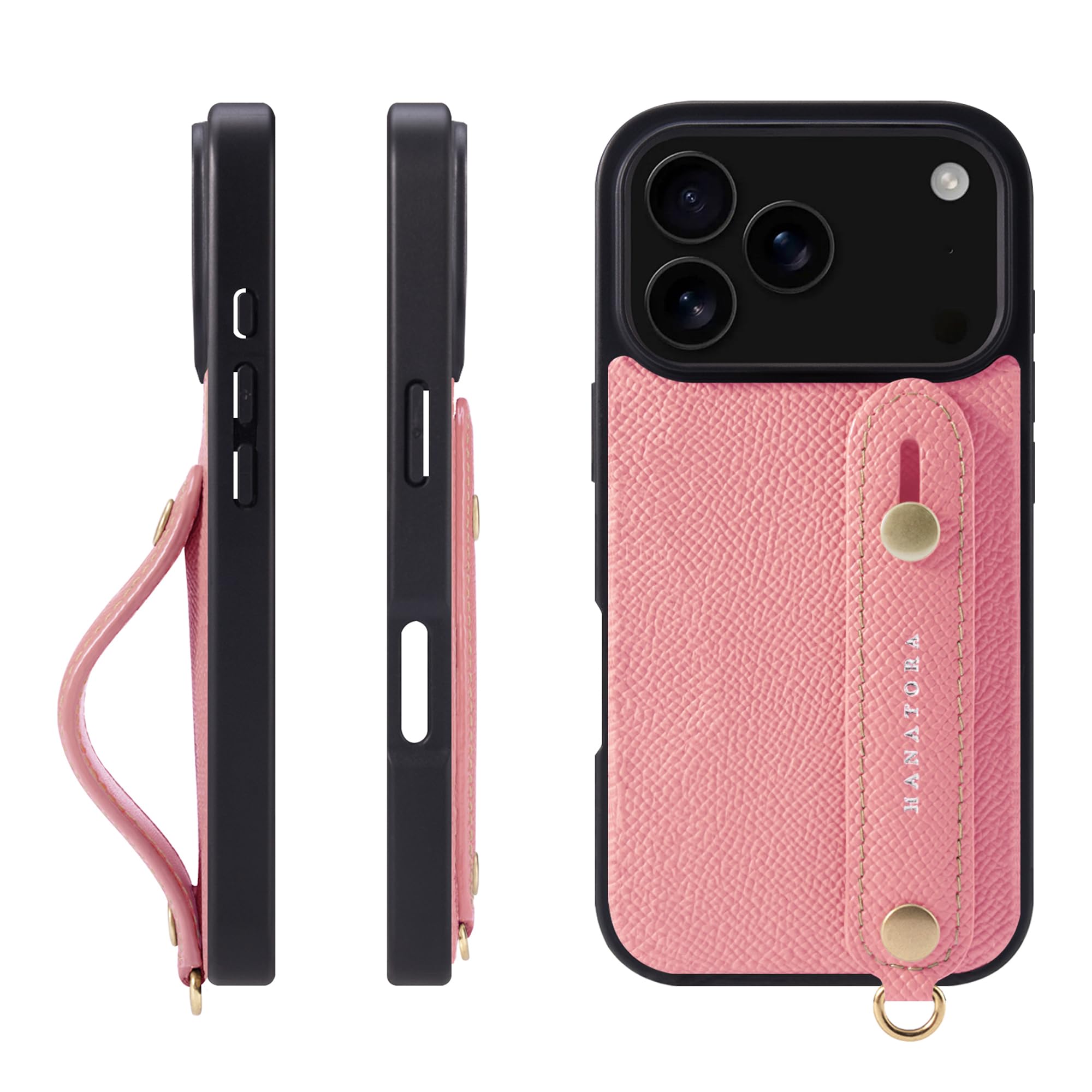 HANATORA for iPhone 17Pro ケース 本革 耐衝撃 背面ベルト スマホケース スマホ スタンド機能 ネック ストラップ 付き エンボスレザー ギフト マグネットなし ピンク NGH-17Pro-Pink|WES STORE