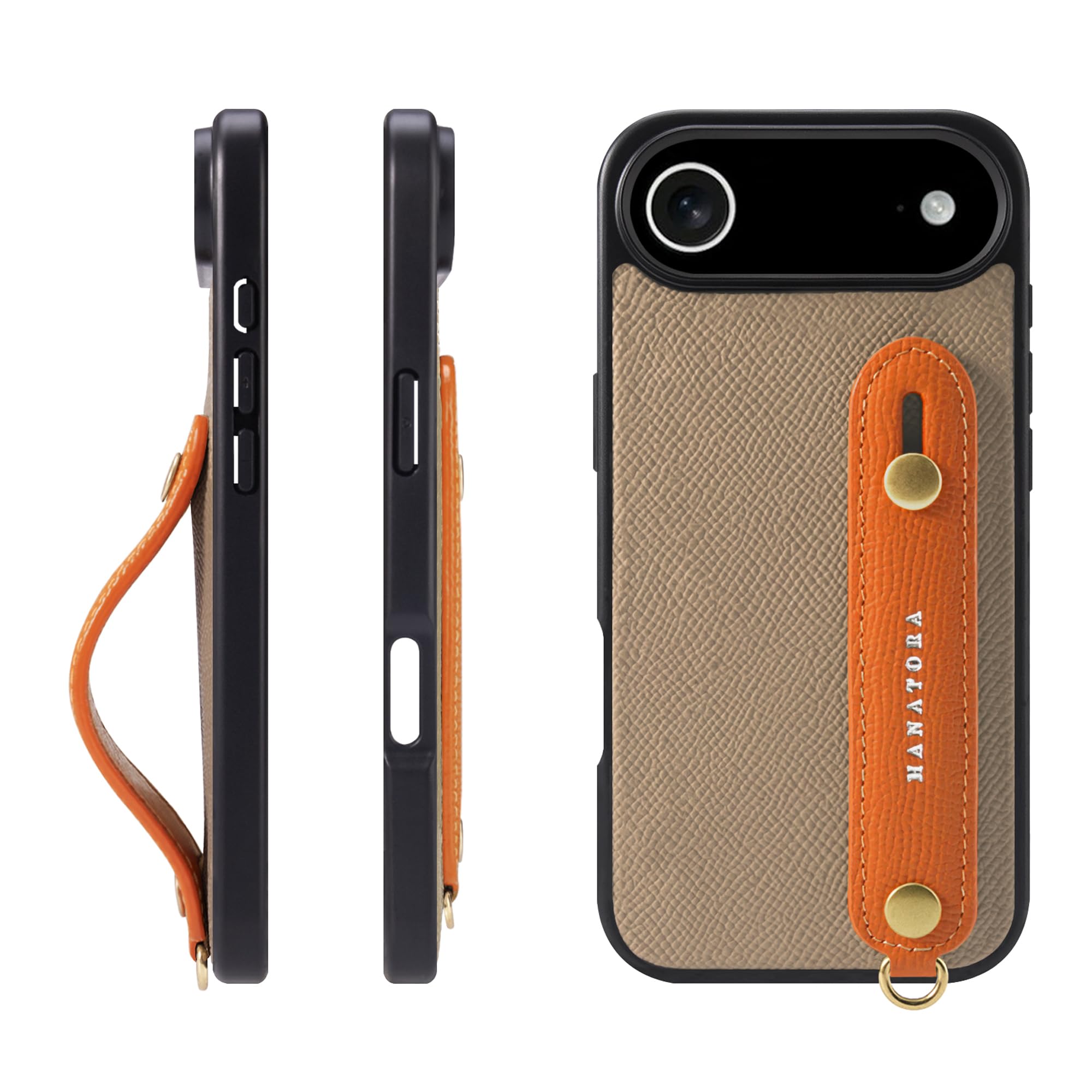 HANATORA for iPhone 17Air ケース 本革 耐衝撃 背面ベルト スマホケース スマホ スタンド機能 ネック ストラップ 付き エンボスレザー ギフト マグネットなし グレージュ+オレンジ NGH-17Air-Grege-OG|WES STORE