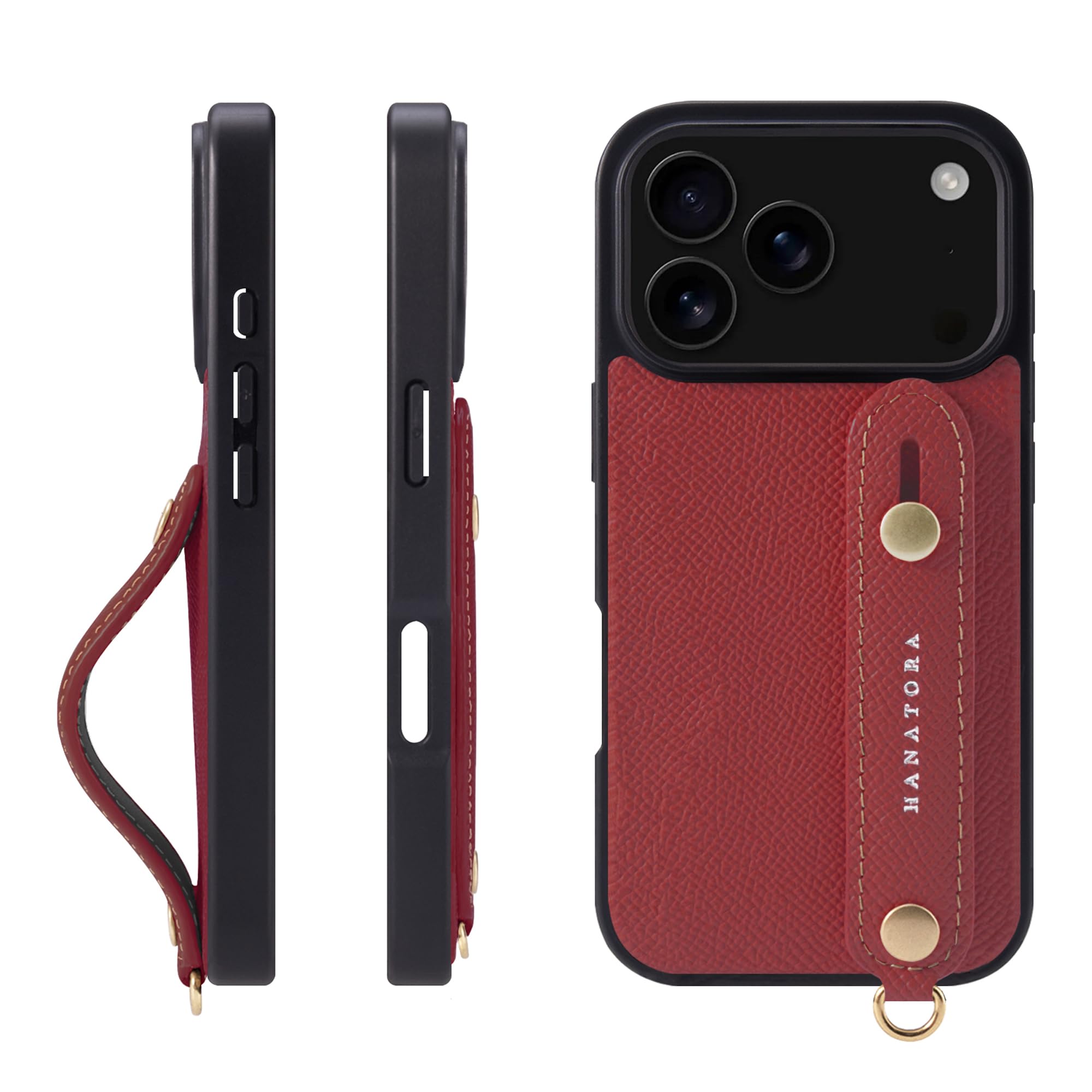 HANATORA for iPhone 17Pro ケース 本革 耐衝撃 背面ベルト スマホケース スマホ スタンド機能 ネック ストラップ 付き エンボスレザー ギフト マグネットなし レッド NGH-17Pro-Red