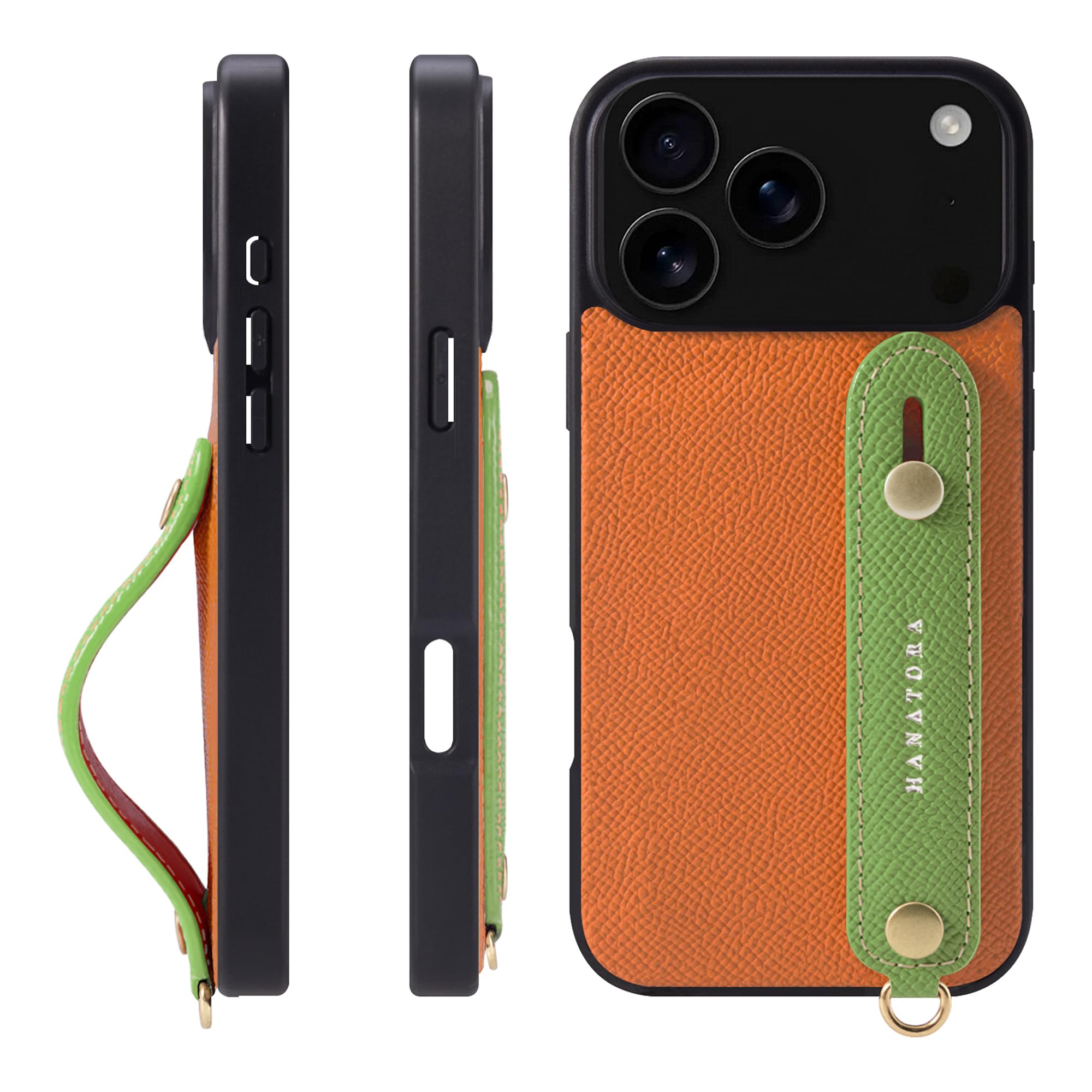 HANATORA for iPhone 17ProMax ケース 本革 耐衝撃 背面ベルト スマホケース スマホ スタンド機能 ネック ストラップ 付き エンボスレザー ギフト マグネットなし オレンジ+グリーン NGH-17ProMax-Orange-GN|WES STORE