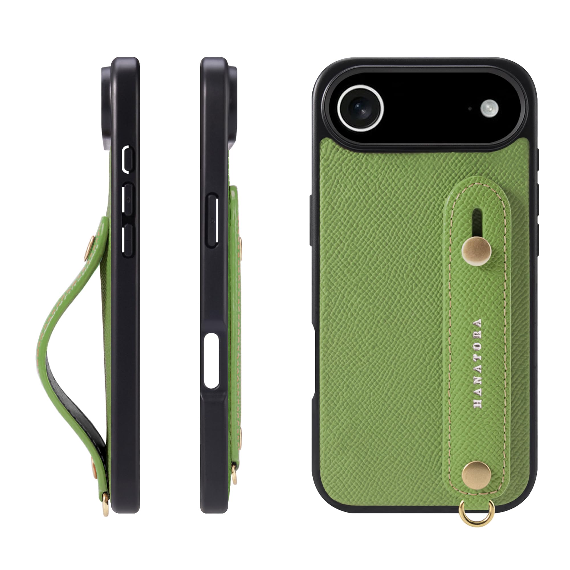HANATORA for iPhone 17Air ケース 本革 耐衝撃 背面ベルト スマホケース スマホ スタンド機能 ネック ストラップ 付き エンボスレザー ギフト マグネットなし ヴェールクリケット NGH-17Air-VertCriquet