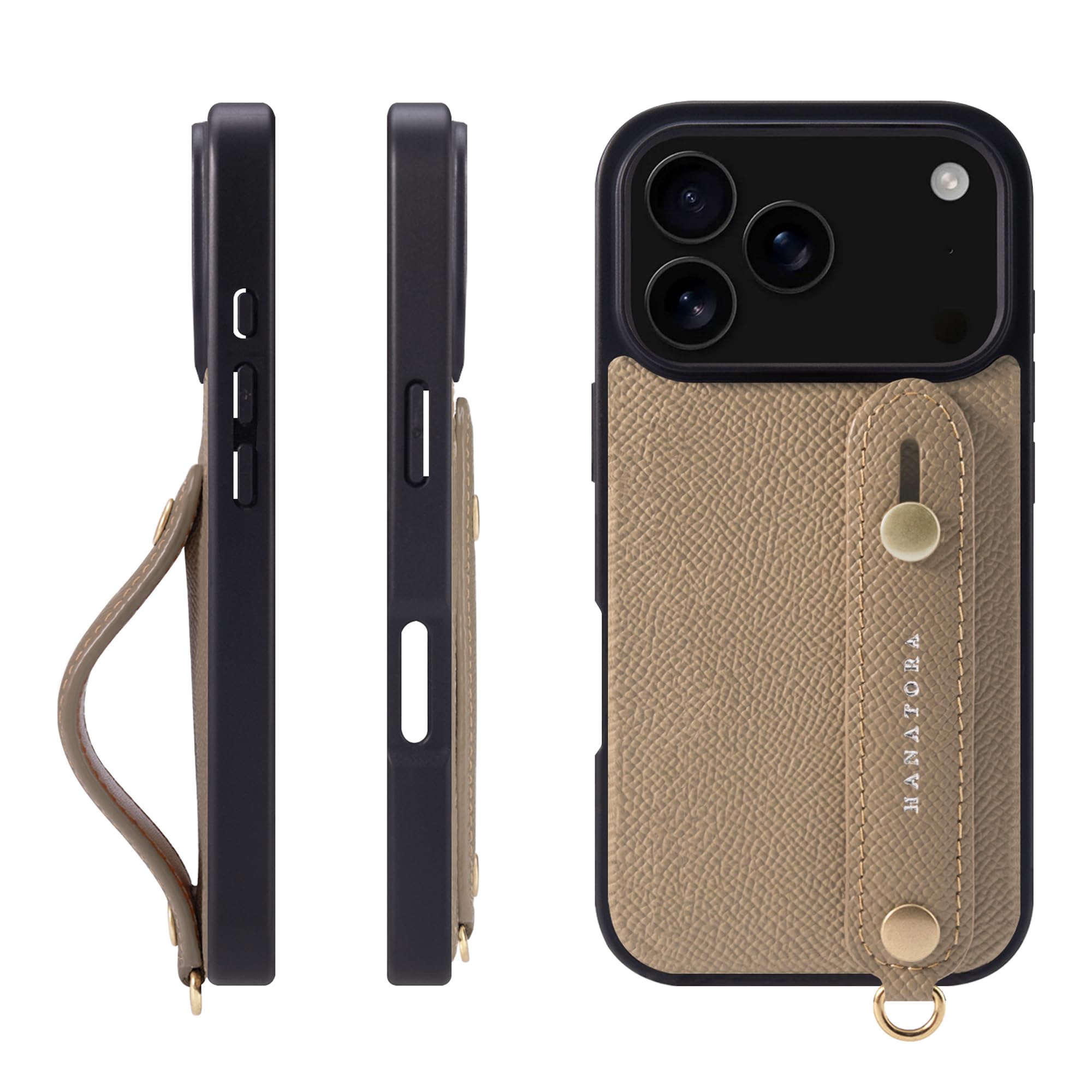 HANATORA for iPhone 17Pro ケース 本革 耐衝撃 背面ベルト スマホケース スマホ スタンド機能 ネック ストラップ 付き エンボスレザー ギフト マグネットなし グレージュ NGH-17Pro-Grege