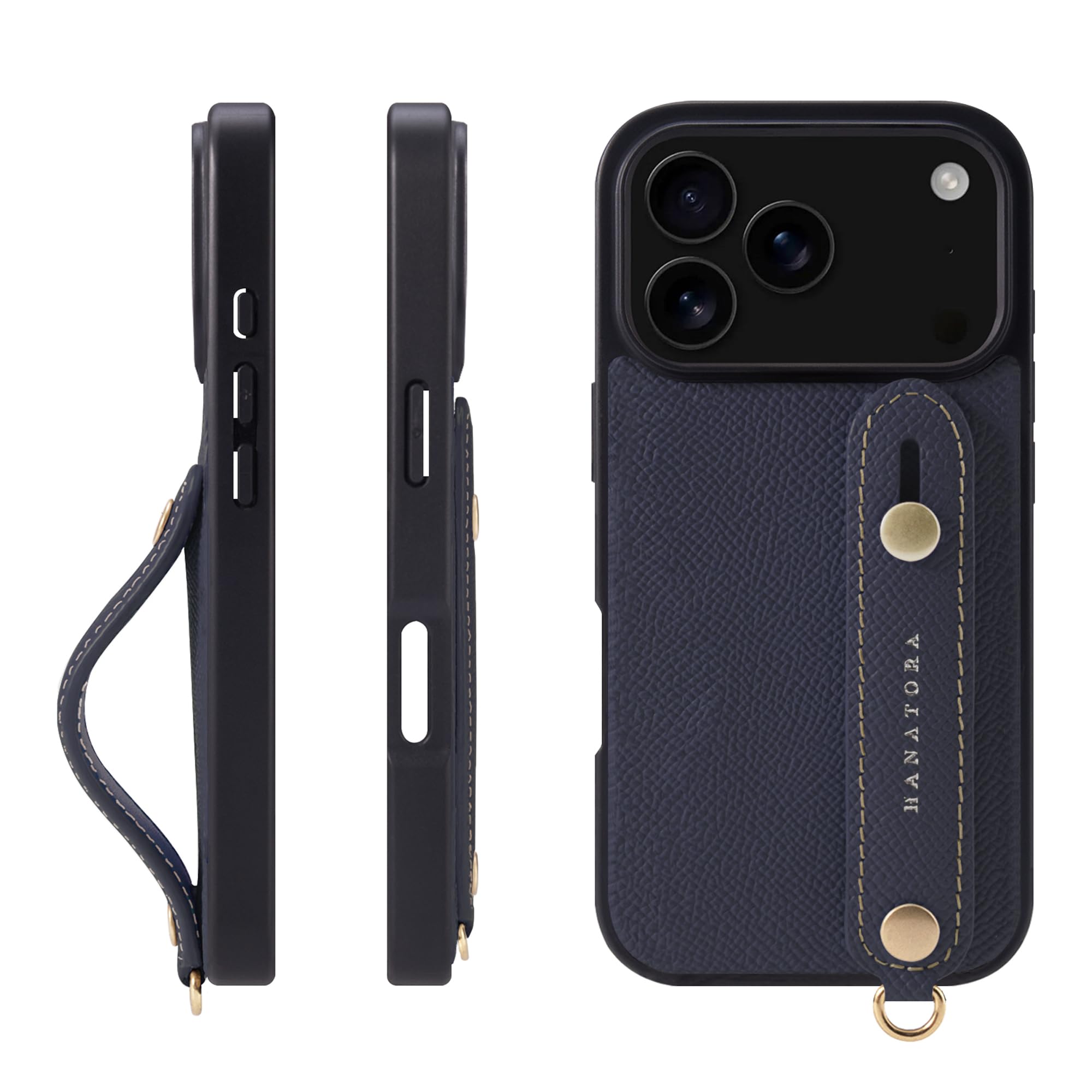 HANATORA for iPhone 17Pro ケース 本革 耐衝撃 背面ベルト スマホケース スマホ スタンド機能 ネック ストラップ 付き エンボスレザー ギフト マグネットなし ネイビー NGH-17Pro-Navy|WES STORE